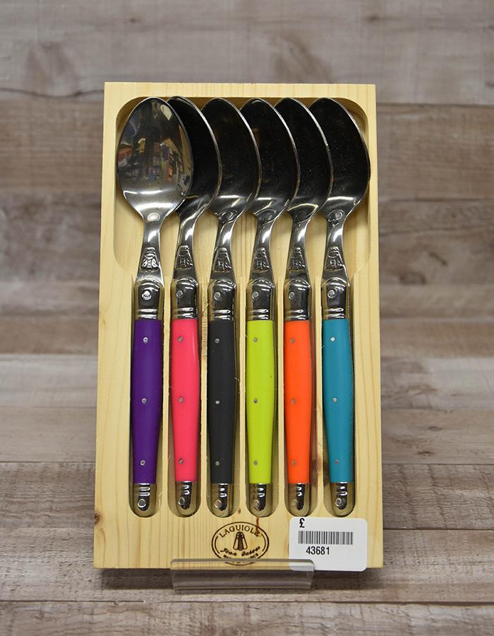 LAGUIOLE BOXED SET OF SIX BRIGHTLY COLOURED DESSERT SPOONS