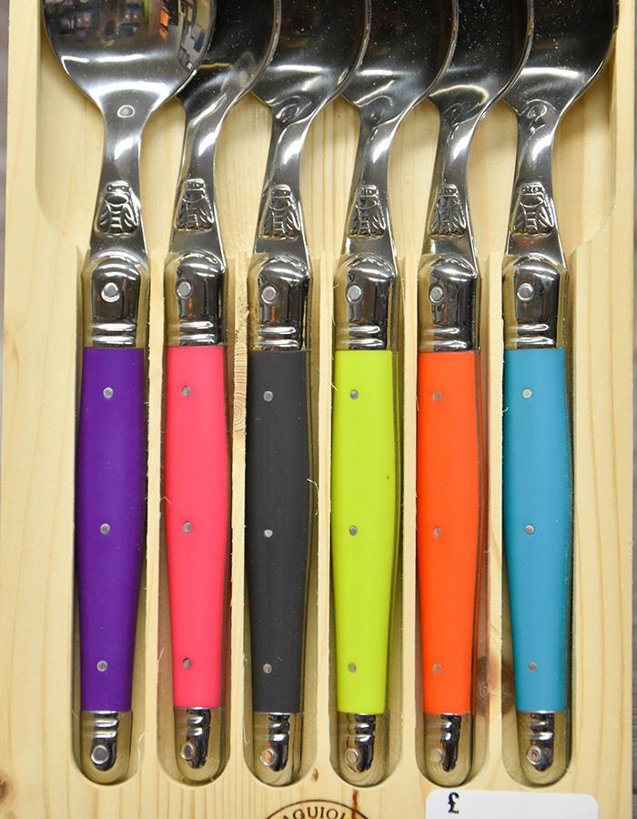 LAGUIOLE BOXED SET OF SIX BRIGHTLY COLOURED DESSERT SPOONS