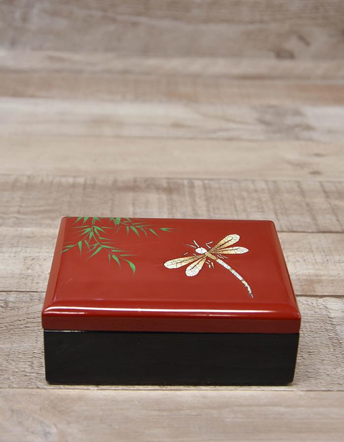 PLASTIC RED AND BLACK SMALL JEWELLERY BOX WITH DRAGONFLY DESIGN