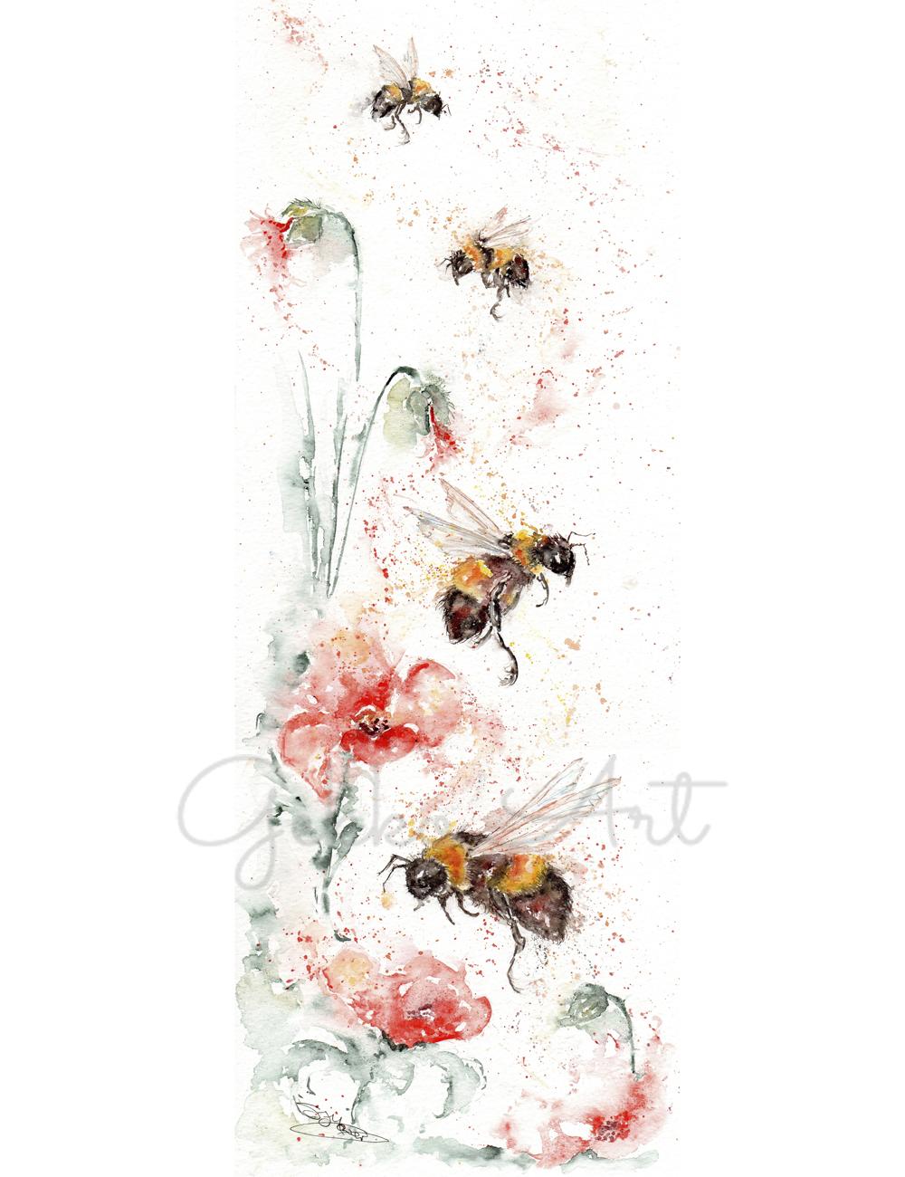 bees and poppies watercolour painting