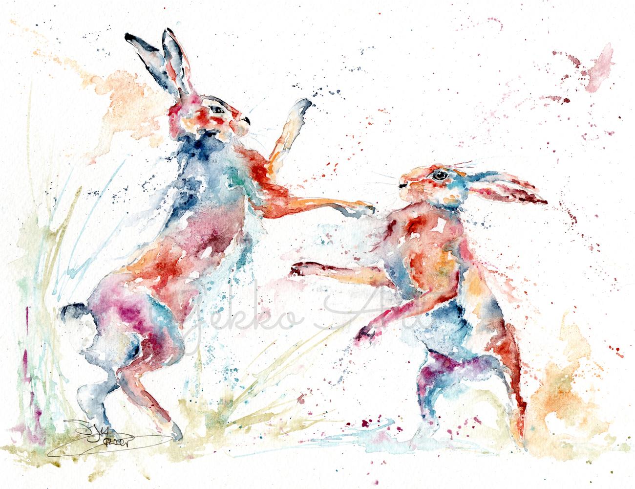 boxing hares watercolour