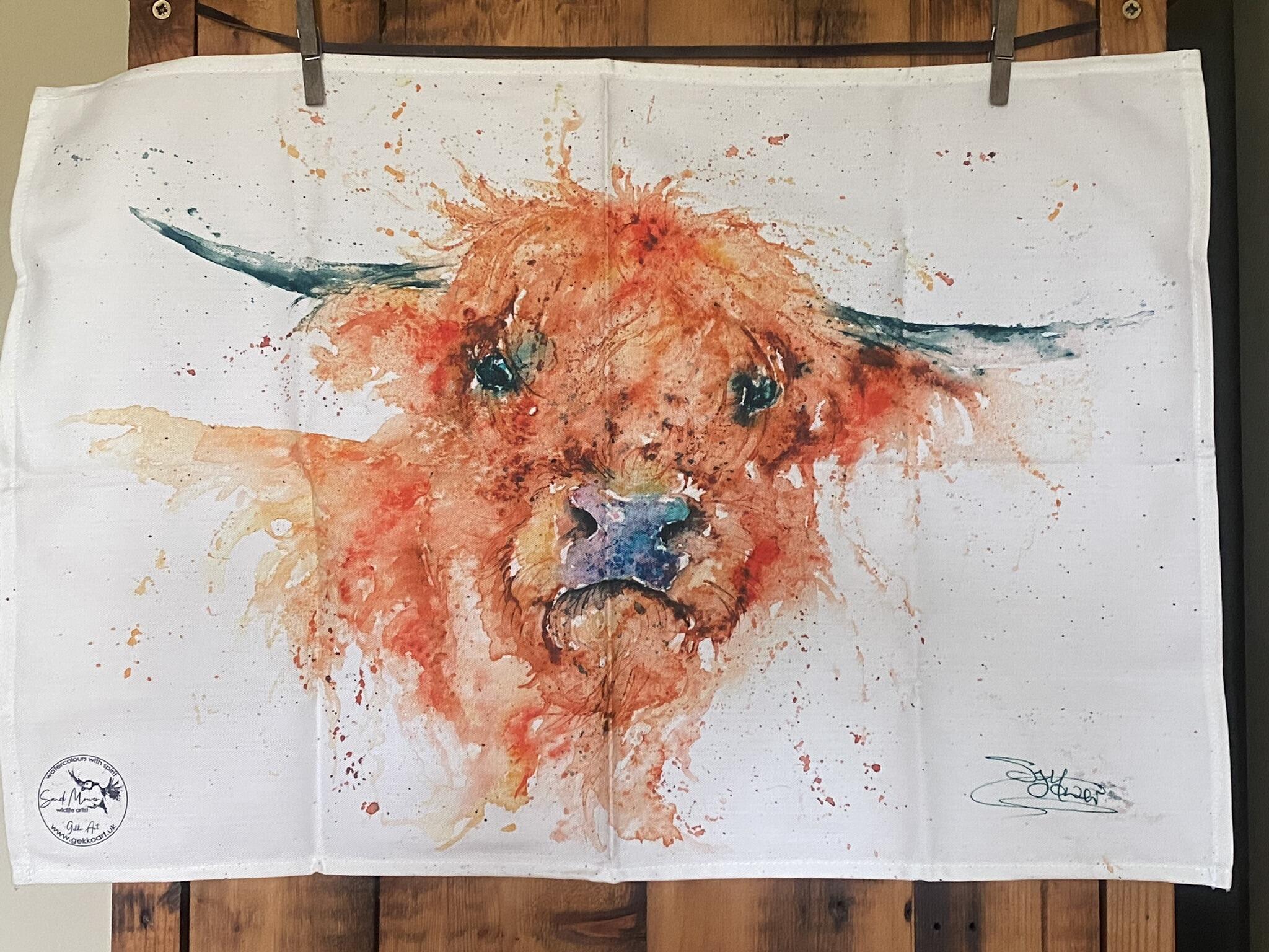 highland coo tea towel