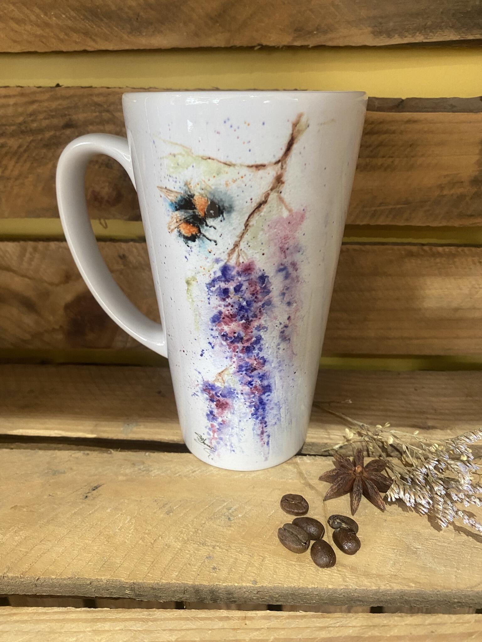 wisteria and bee watercolour on a latte mug