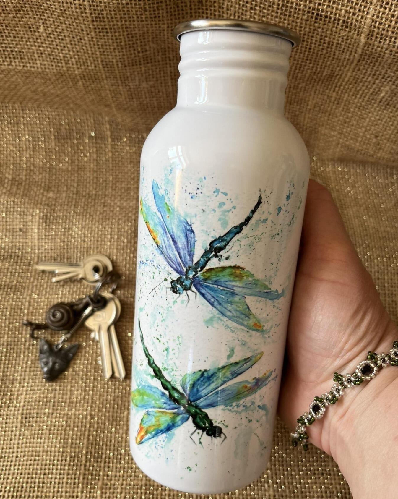 steel bater bottle with dragonfly art