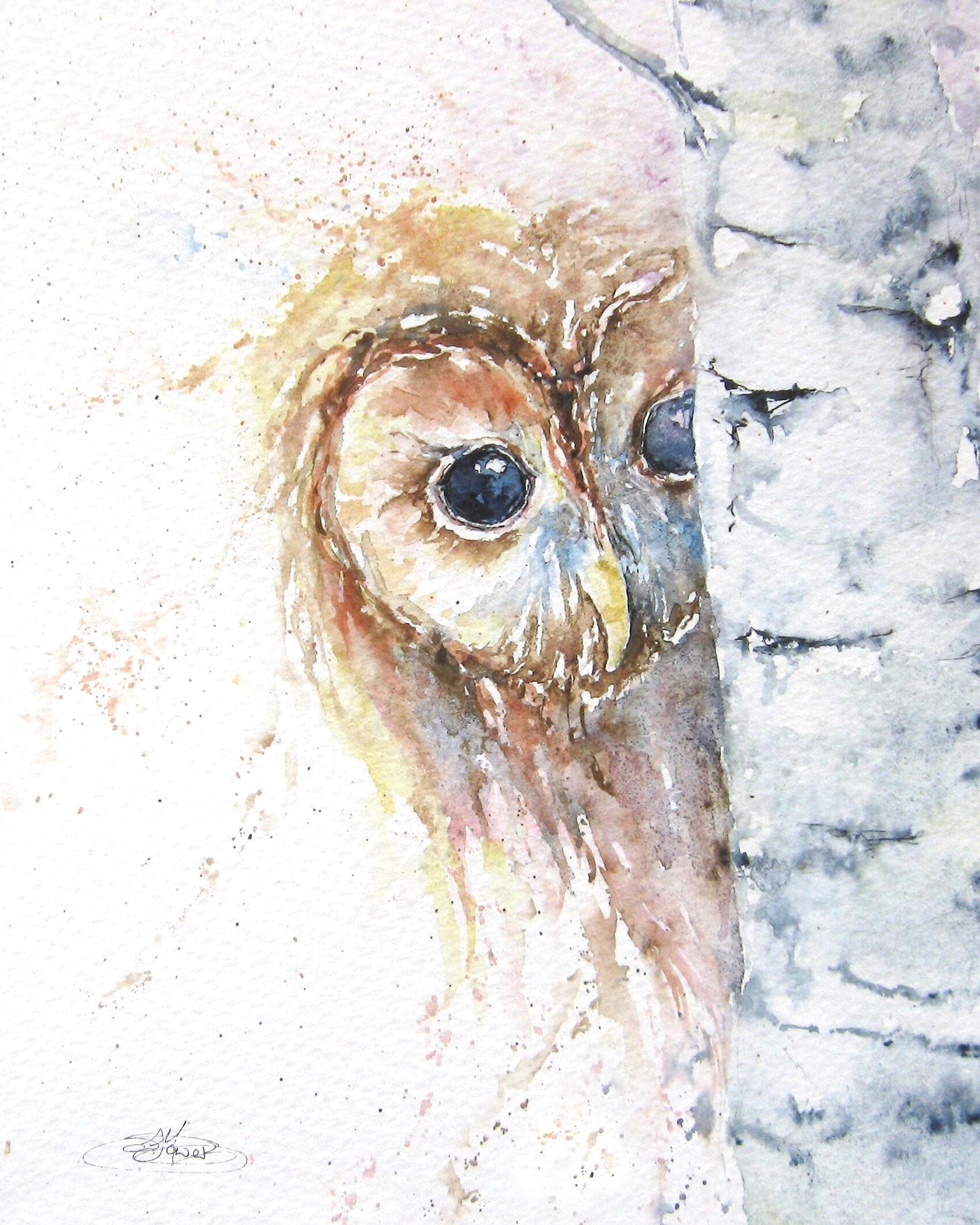 owl and birch tree painting