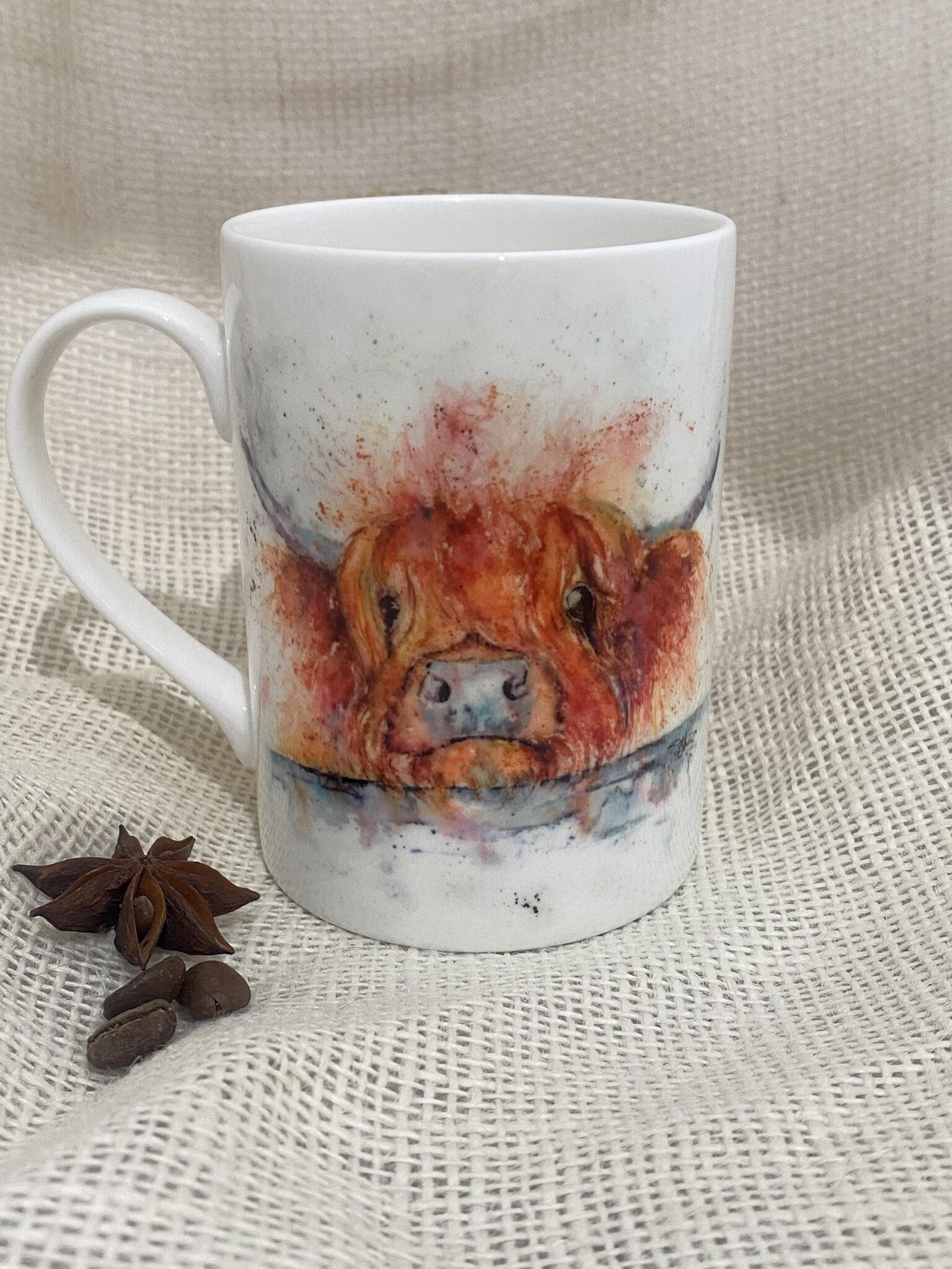 highland cow art on a bone china mug
