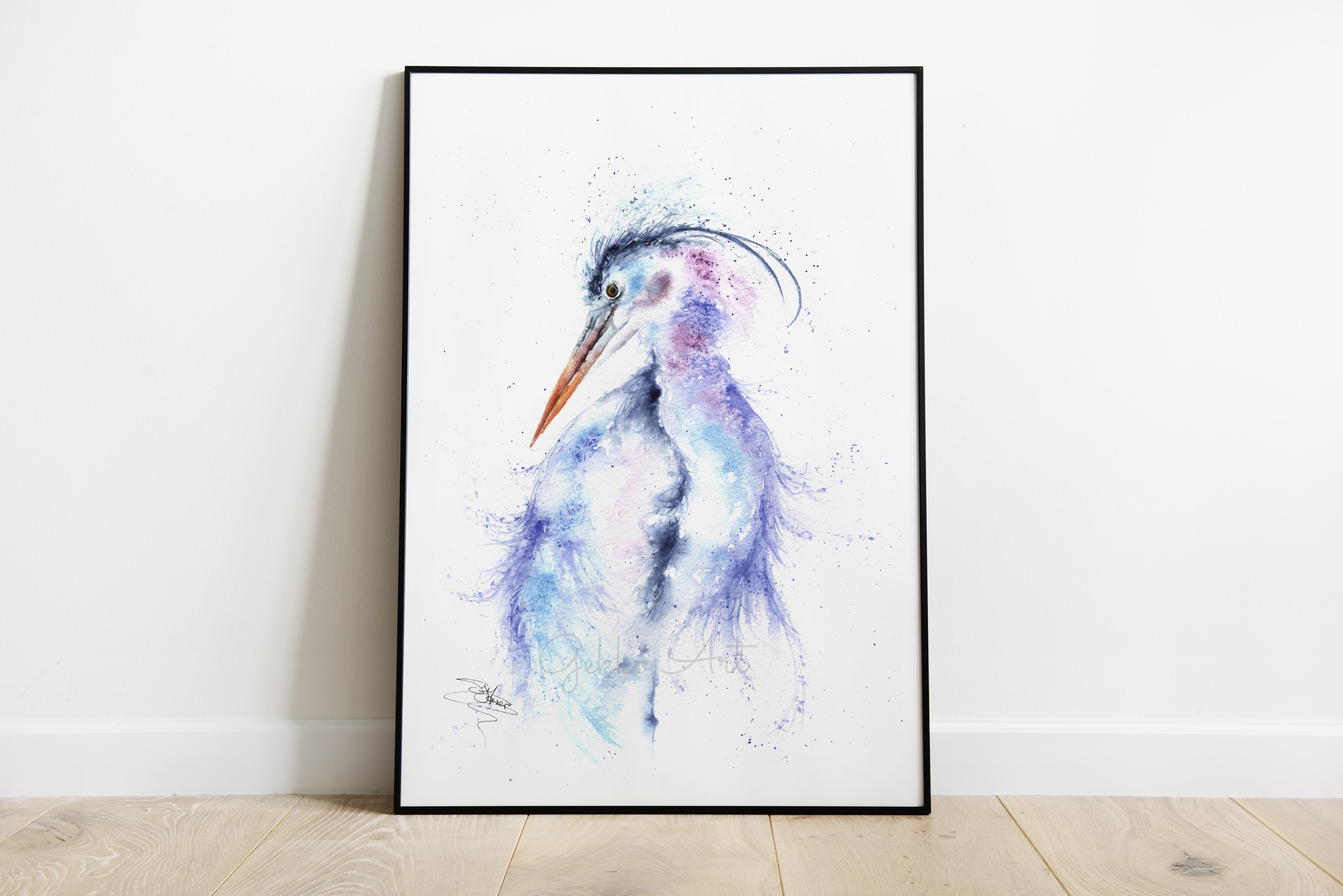 framed heron painting