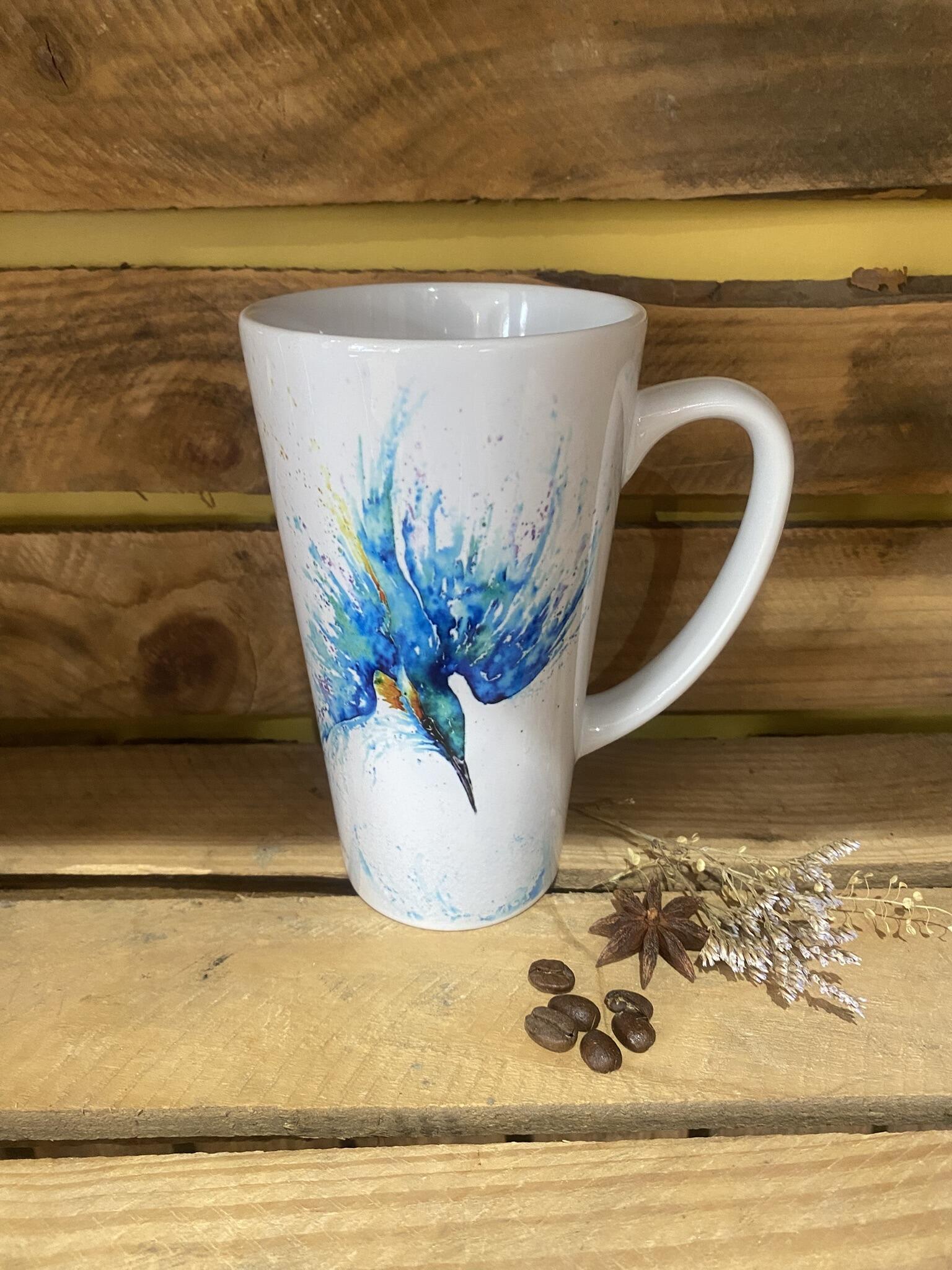 large latte mug with kingfisher on both sides