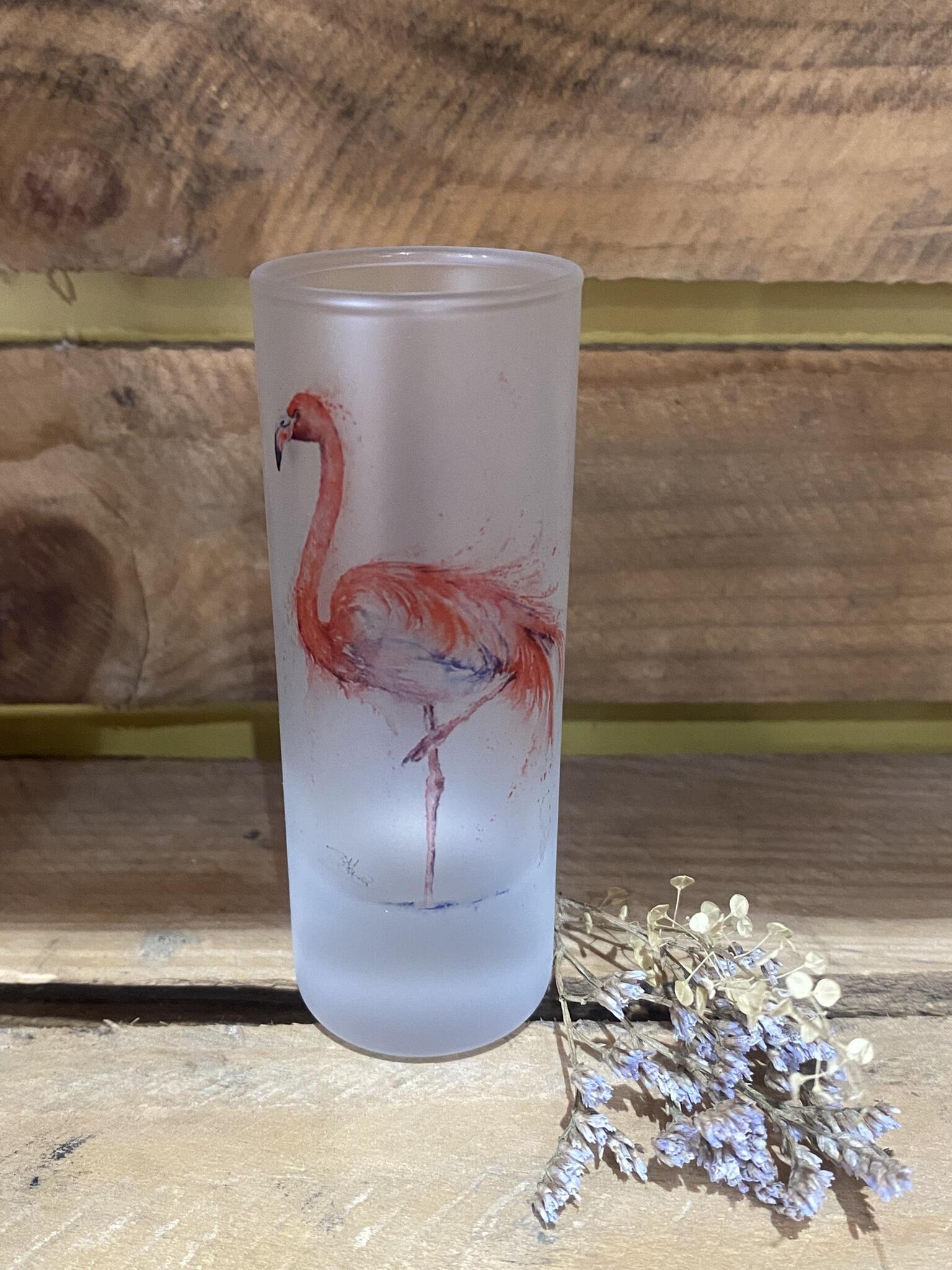 flamingo watercolour shot glass