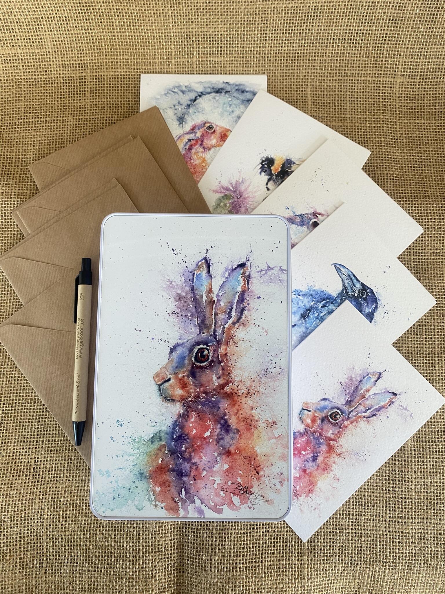 hare tin with cards