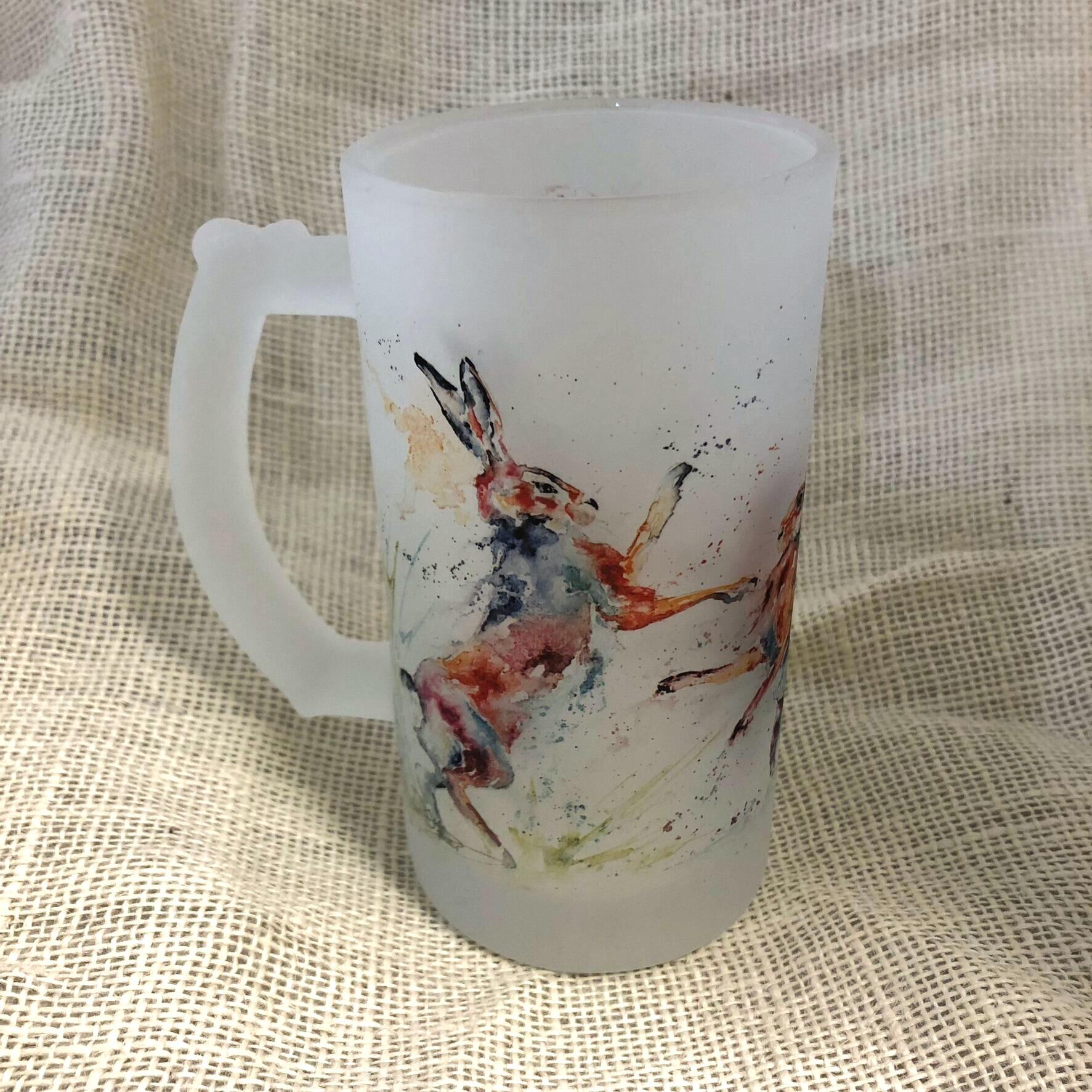 boxing hares frosted glass tankard