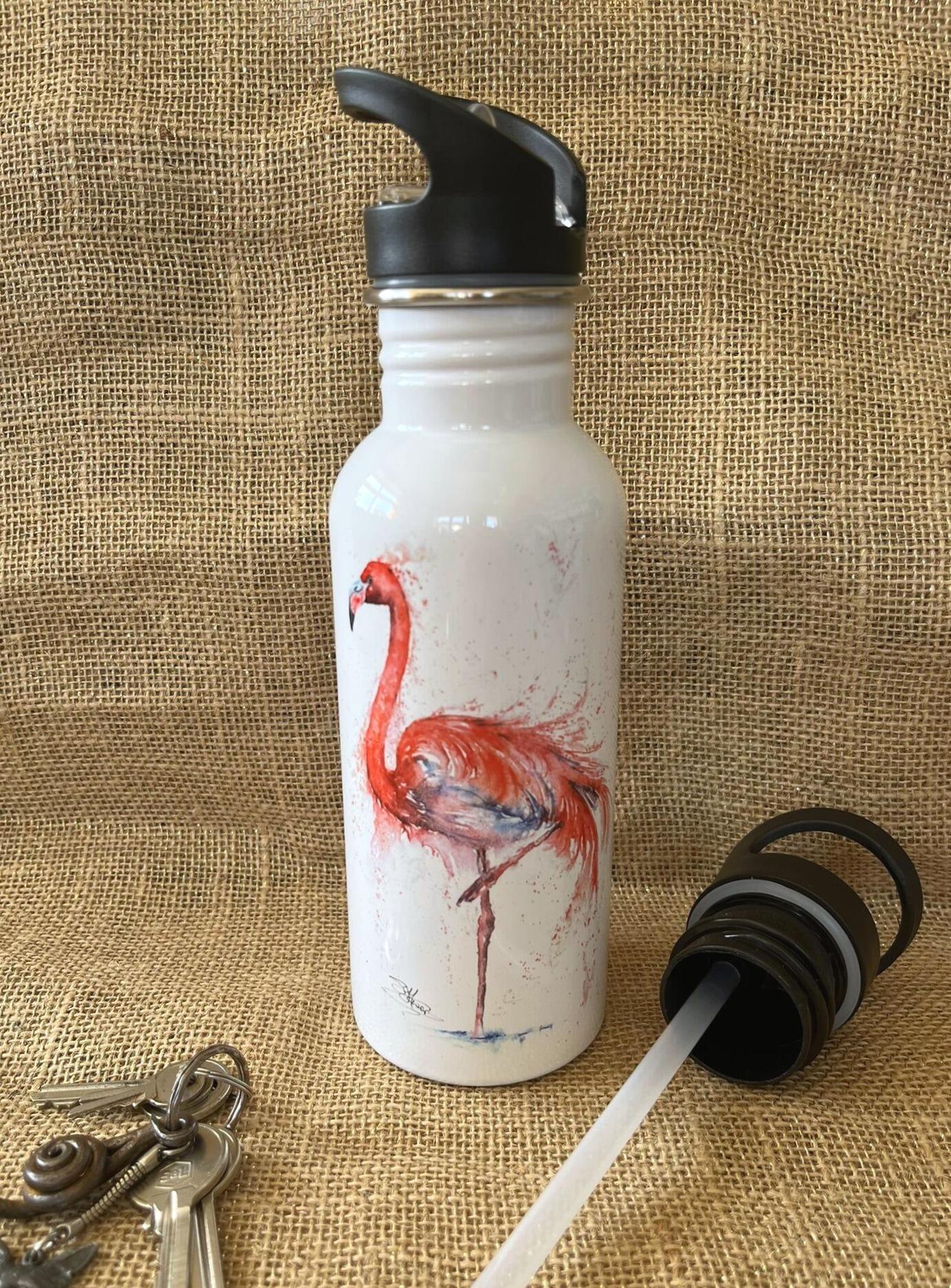flamingo watercolour on a water bottle