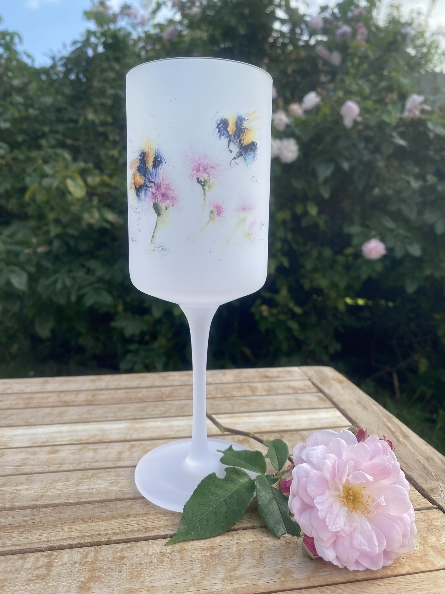 Bees and thistles watercolour wine glass