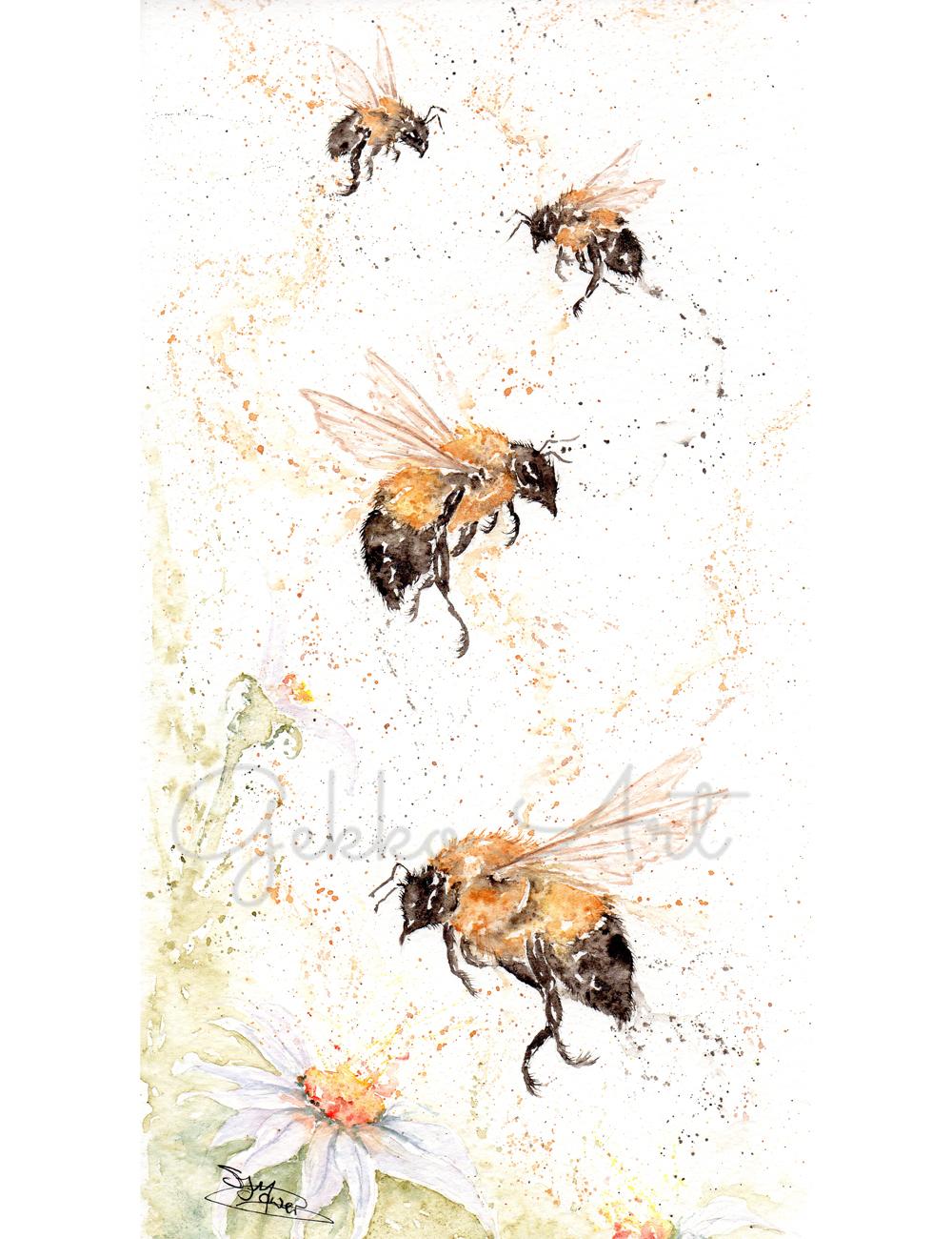 Bees and Daisies watercolour painting