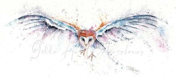 barn owl in flight watercolour