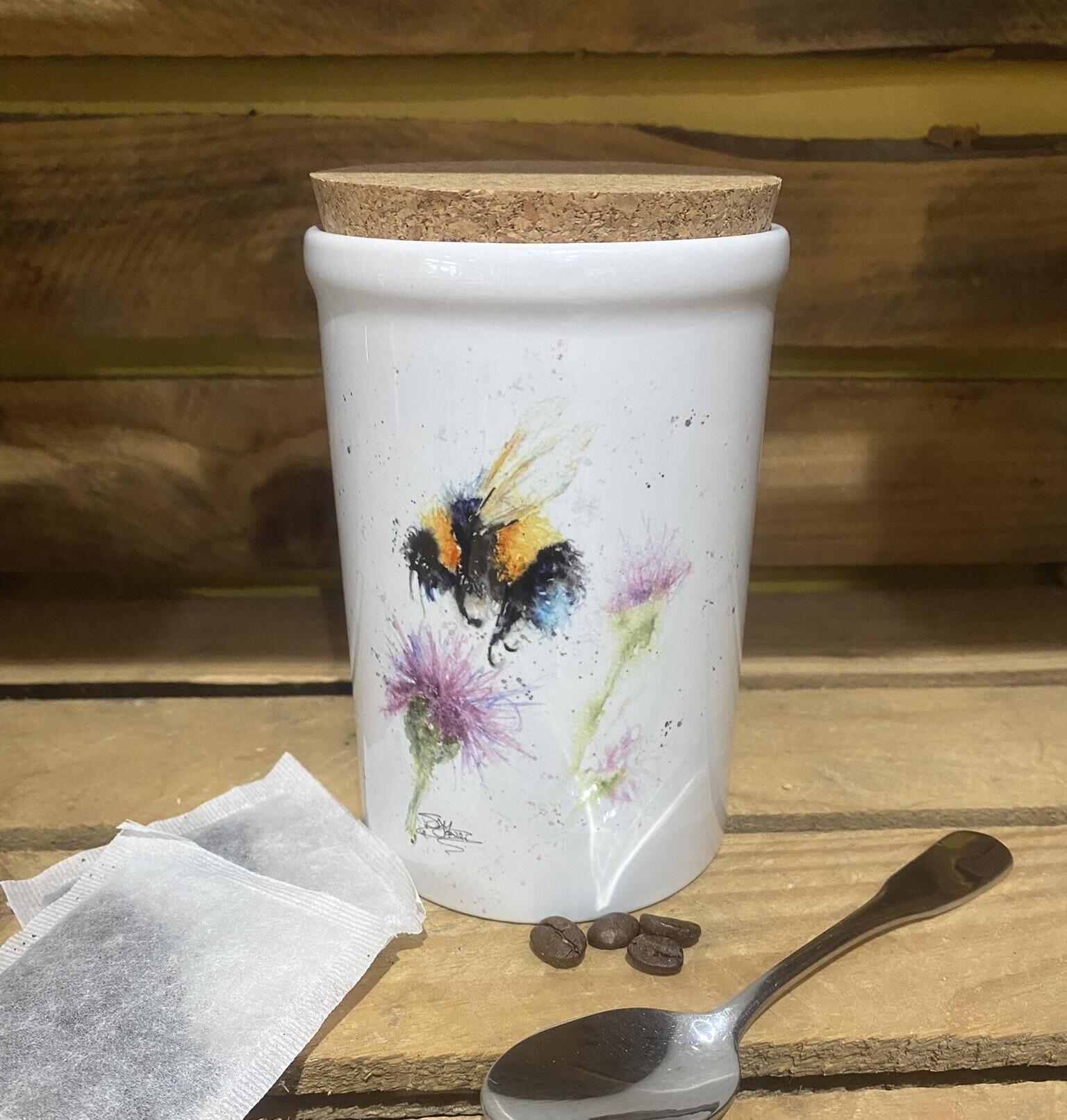 bumblebee and thistle flower design tea caddy