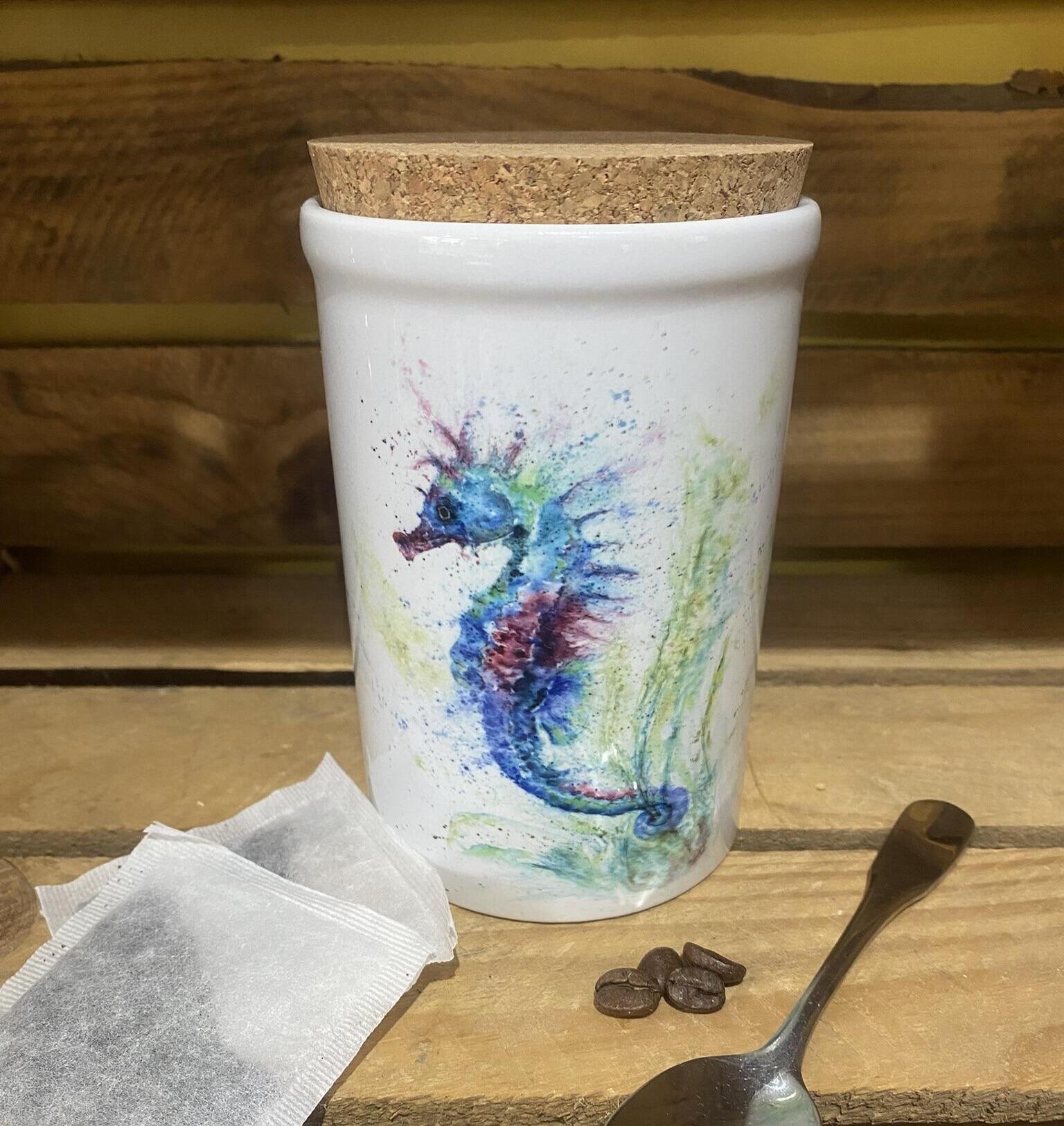 seahorse watercolour on a storage jar