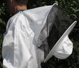 Back of man in White Round Hat Beekeeping Suit