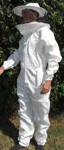 Man in White Round Hat Beekeeping Suit