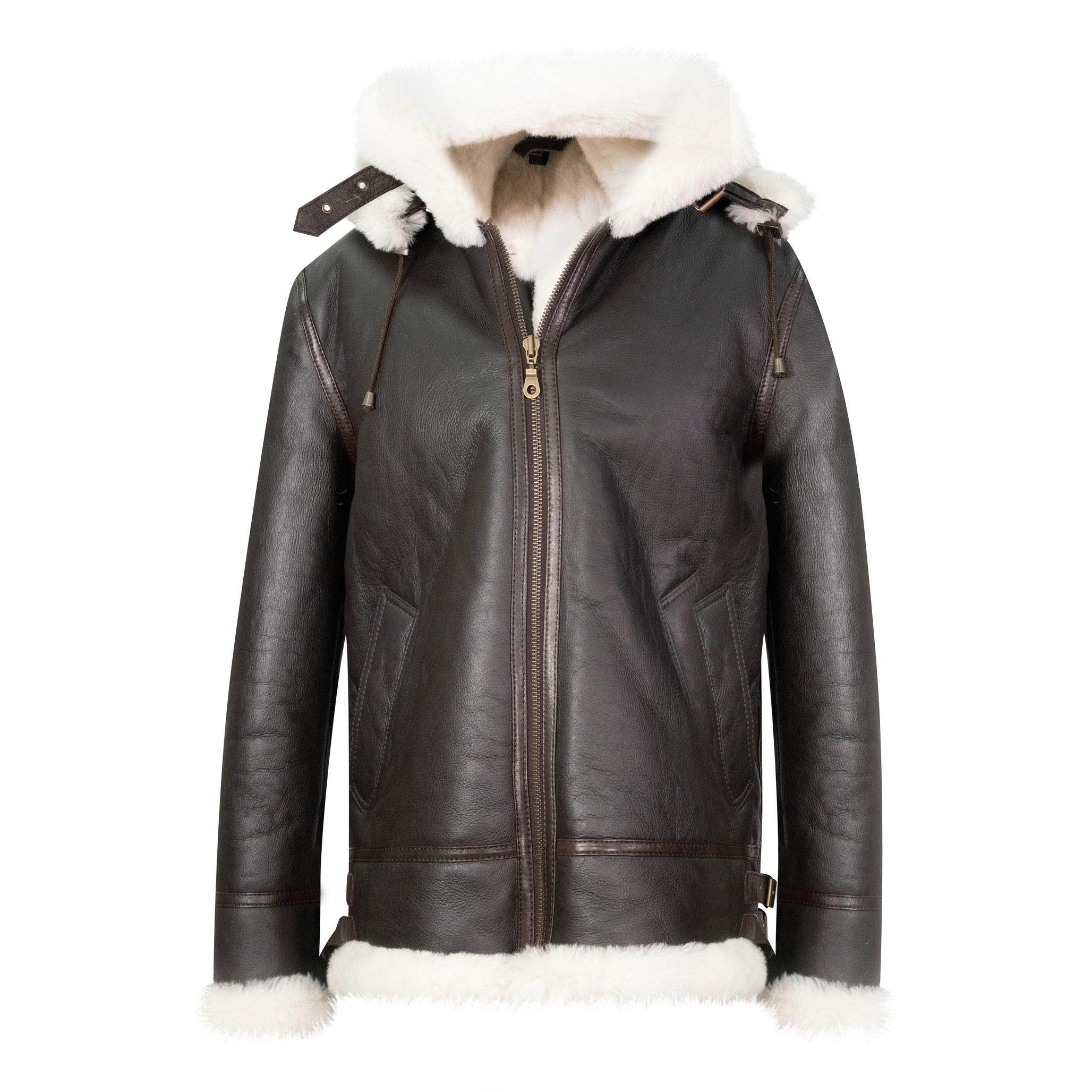 A sleek, dark brown mens sheepskin jacket with a hood. Features thick cream inner fur.