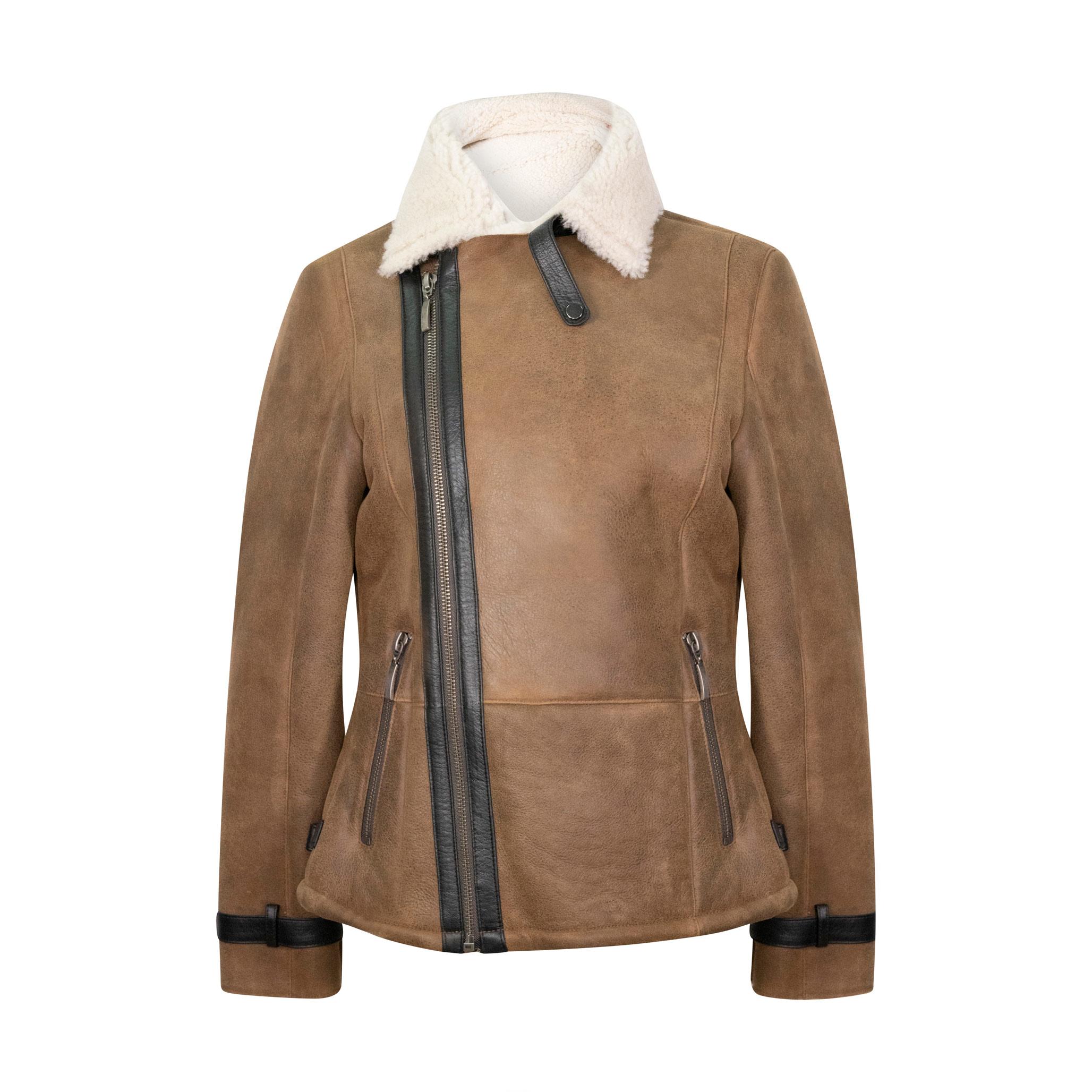 A sleek, luxurious sheepskin biker jacket in tan with cream fur.