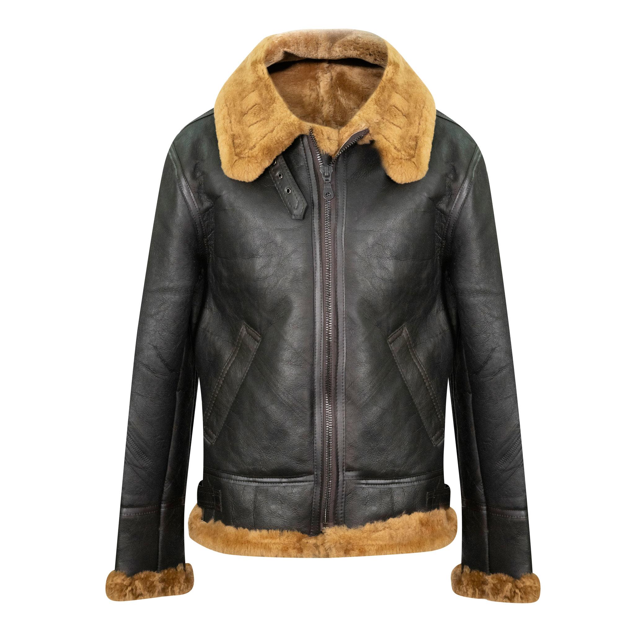 A brown sheepskin jacket with striking ginger fur.