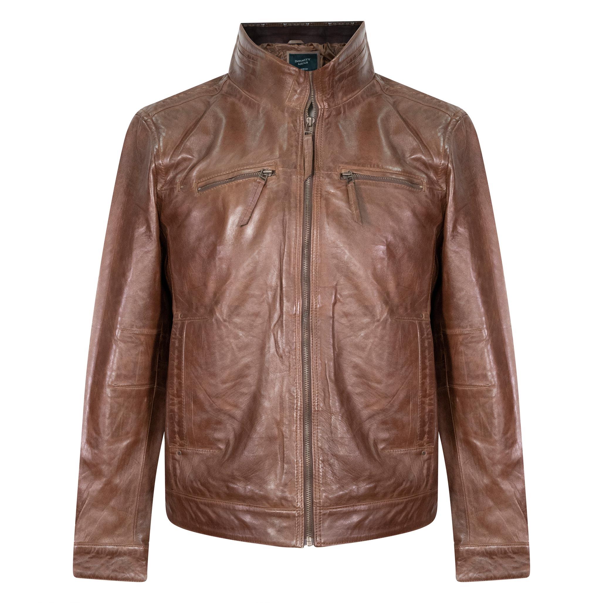 A mens sleek leather jacket in a beautiful chestnut brown. Horizontal zipped chest pockets, with a high funnel collar..