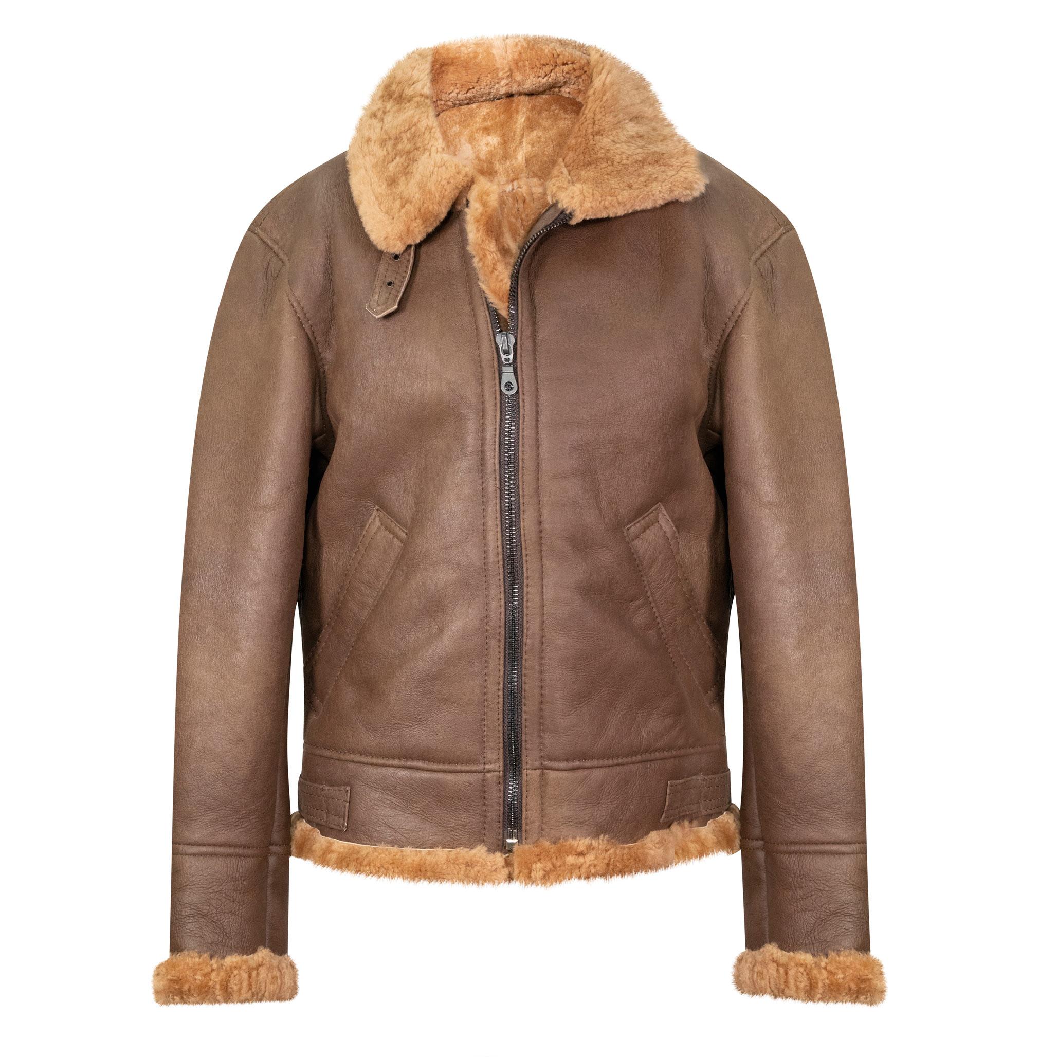 A brown mens sheepskin jacket with a sleek finish. Front zip closure, and side pockets.