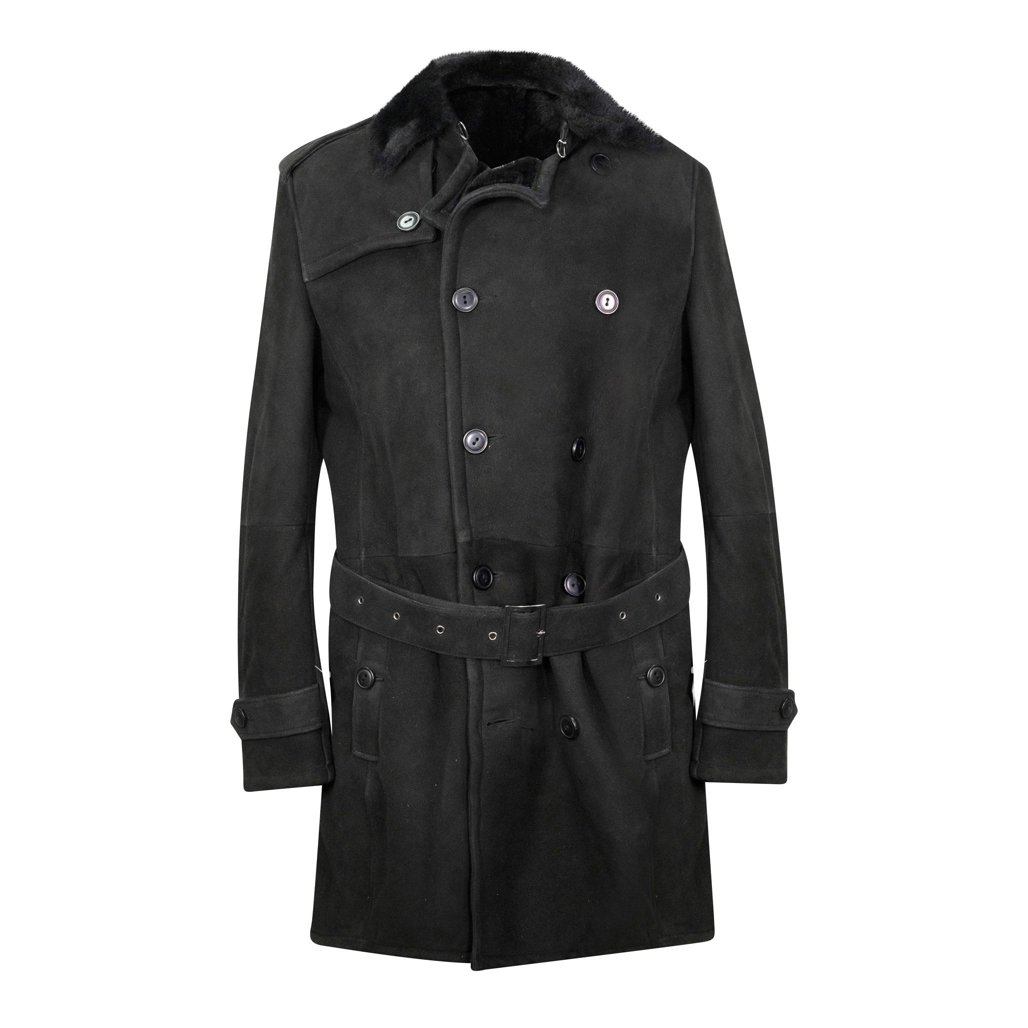 A long black luxury sheepskin coat with a soft suede finish. Both belted and buttoned front fastening.