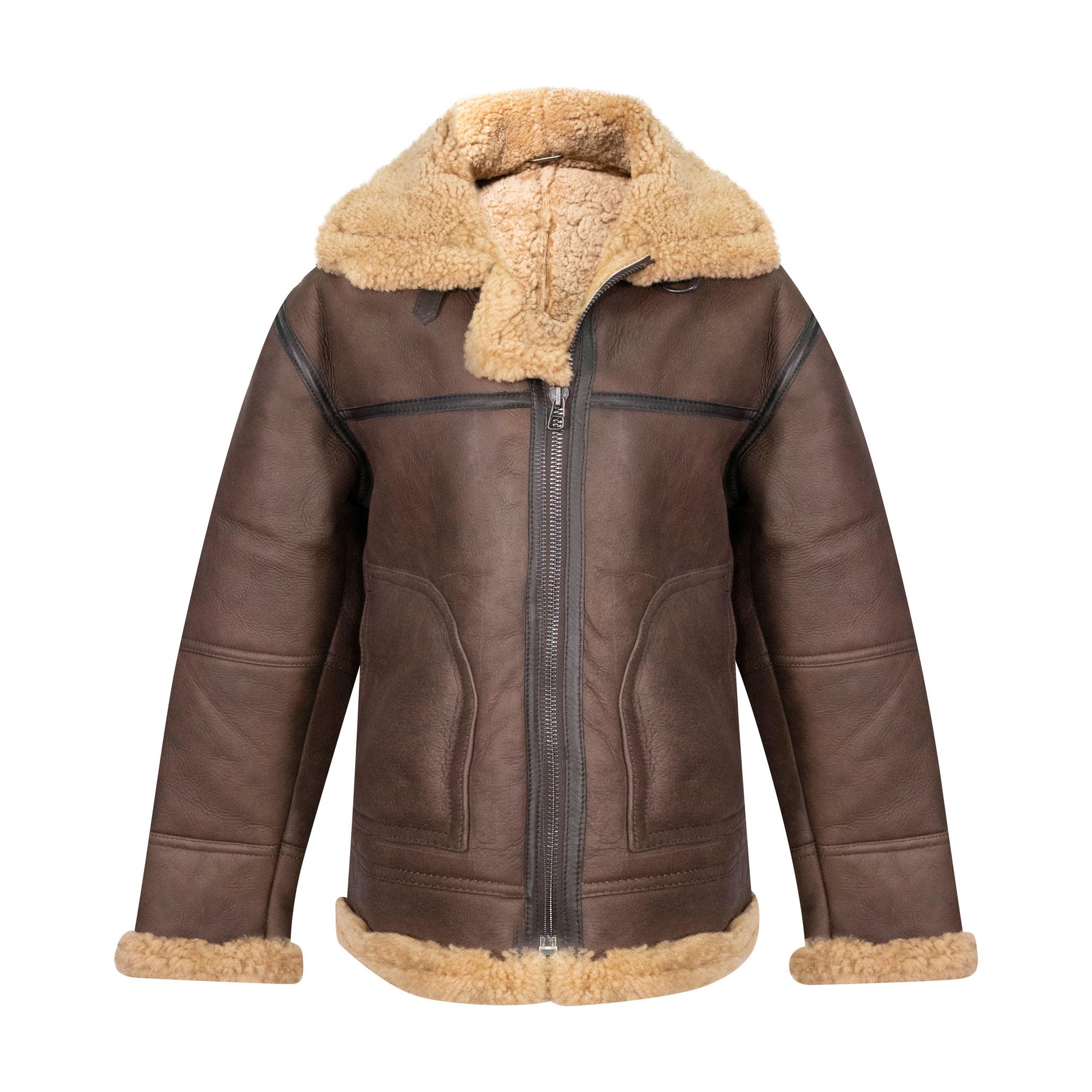 A thick sheepskin jacket in brown with ginger fur, with a vintage look.