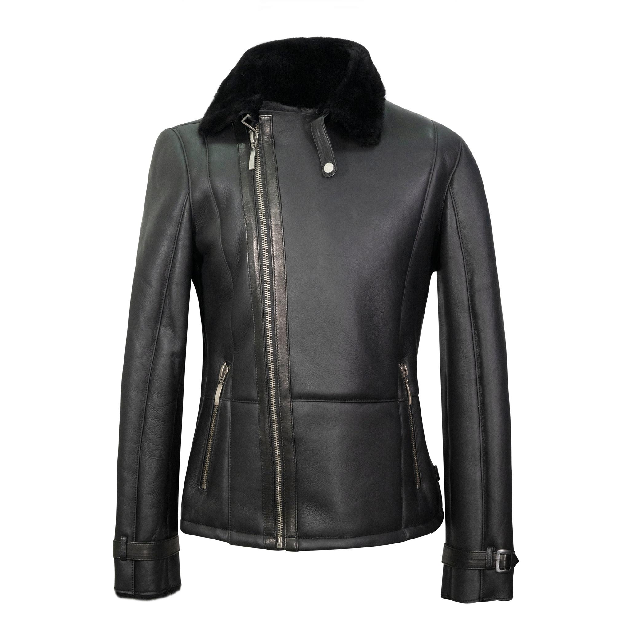 A sleek black sheepskin biker jacket.