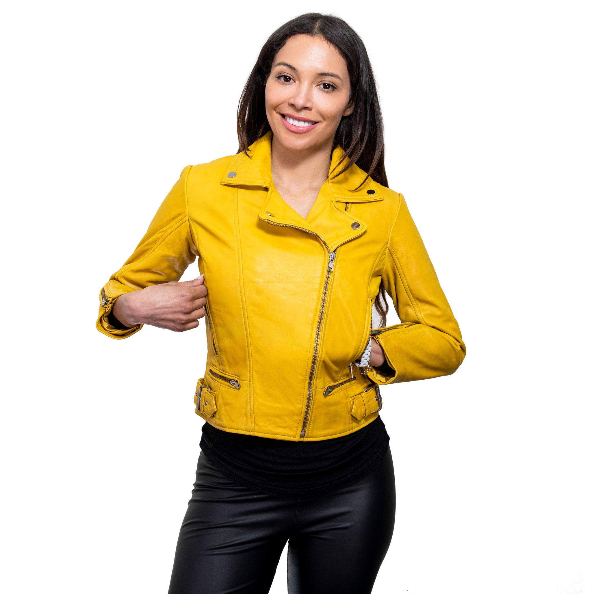 A beautiful, short yellow womens biker jacket with studded notched lapels, and zipped sleeves.