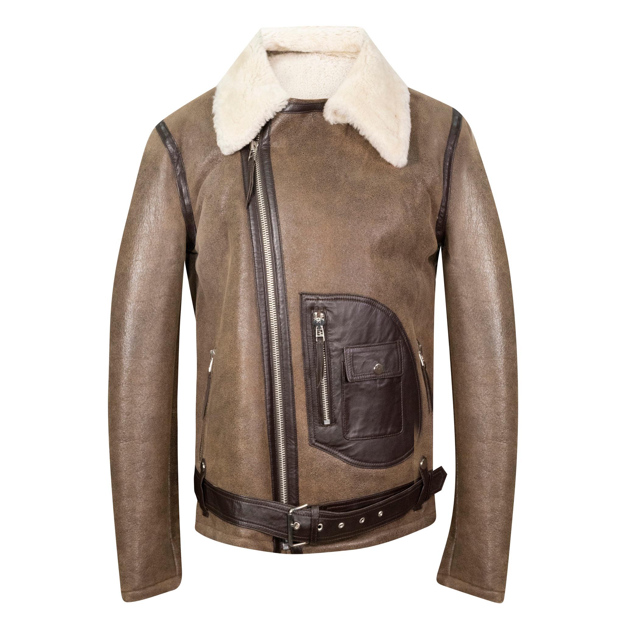 A stylish looking sheepskin biker jacket in tan. The front fastening is double breasted for a more snug fit.