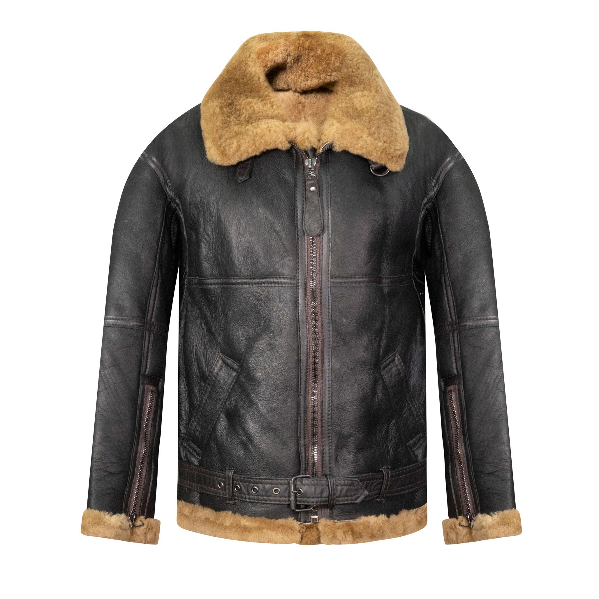 A dark brown sheepskin jacket, with thick ginger inner fur.