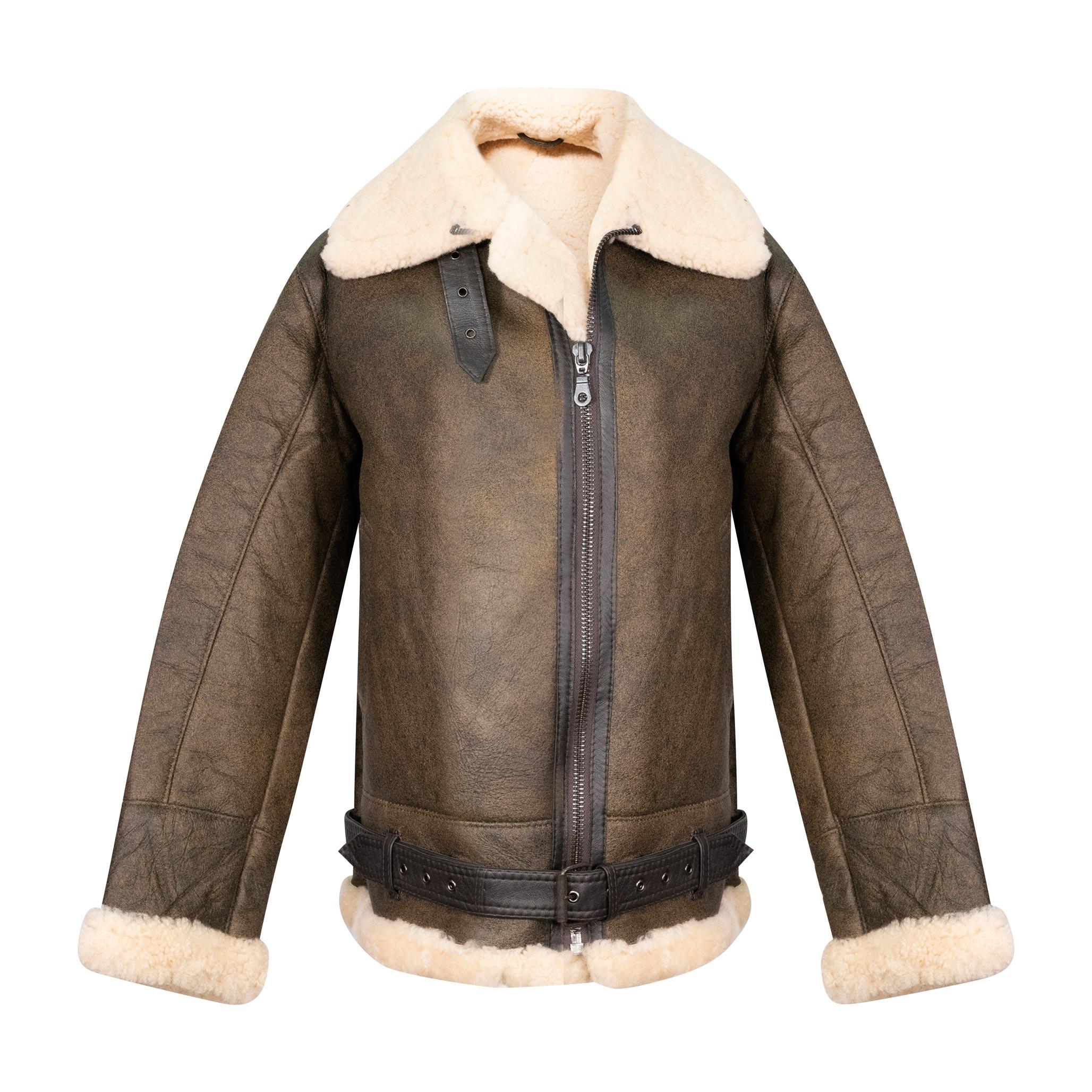 A luxury waist length sheepskin jacket in a tan colour with cream inner lined fur