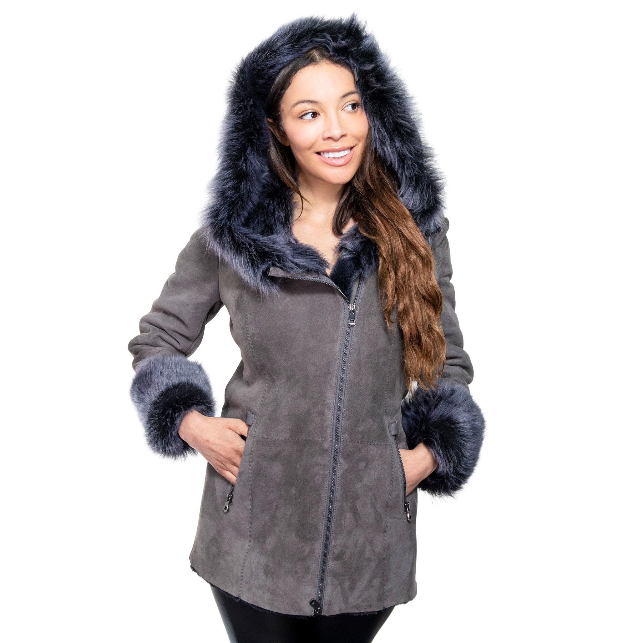 A luxury womens Sheepskin coat with a suede finish. Hood, collar, and cuffs feature beautiful long toscana fur. Grey in colour.