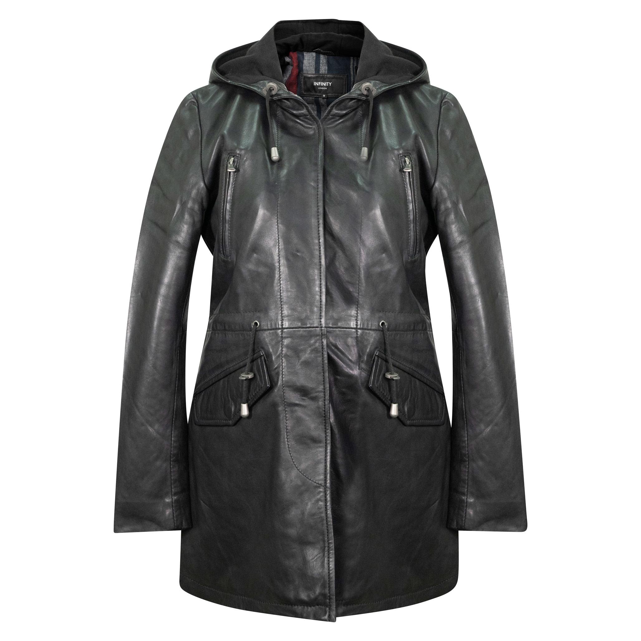 Front view of a womens hooded, leather trench coat in black.