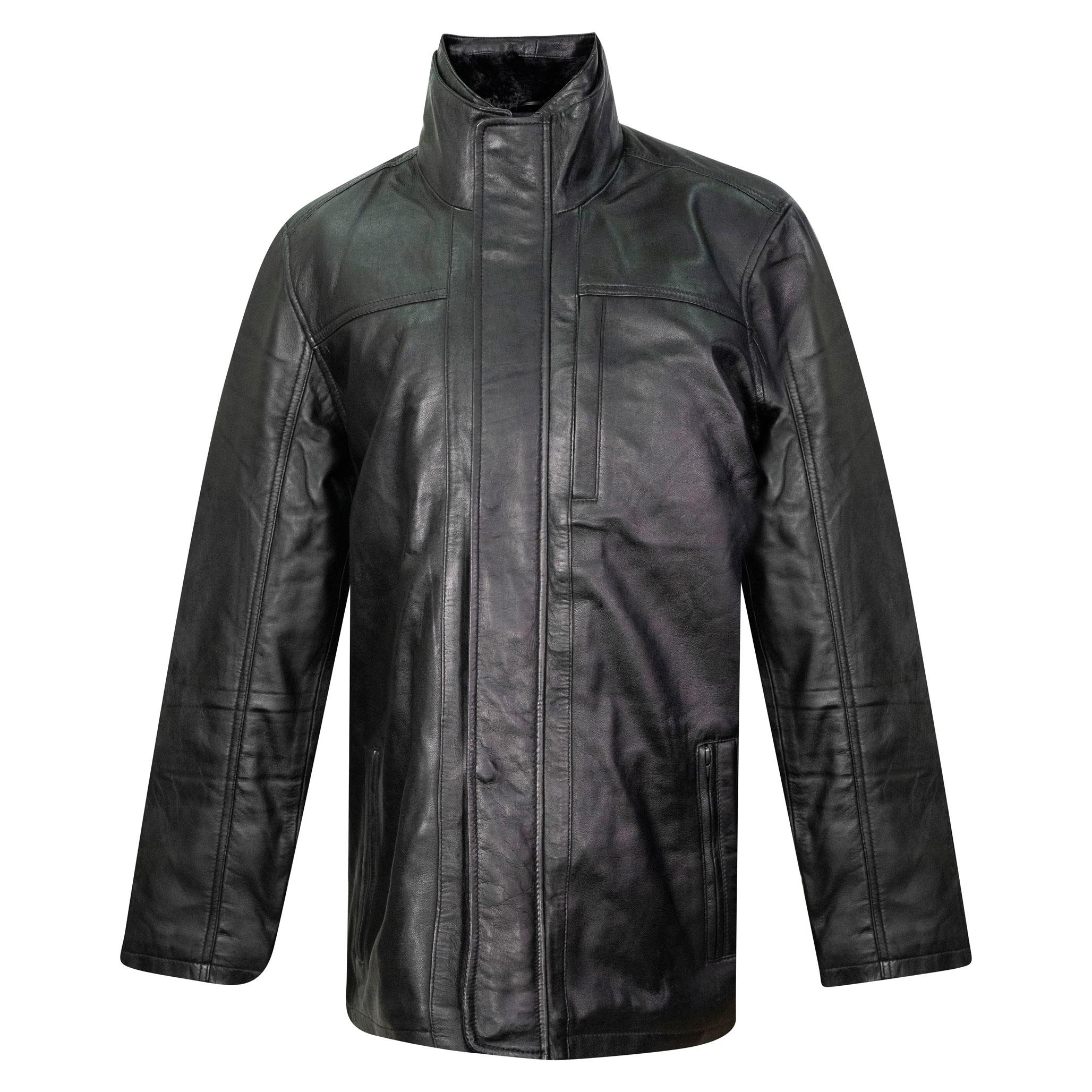 A long black mens leather coat, with a comfortable fit.