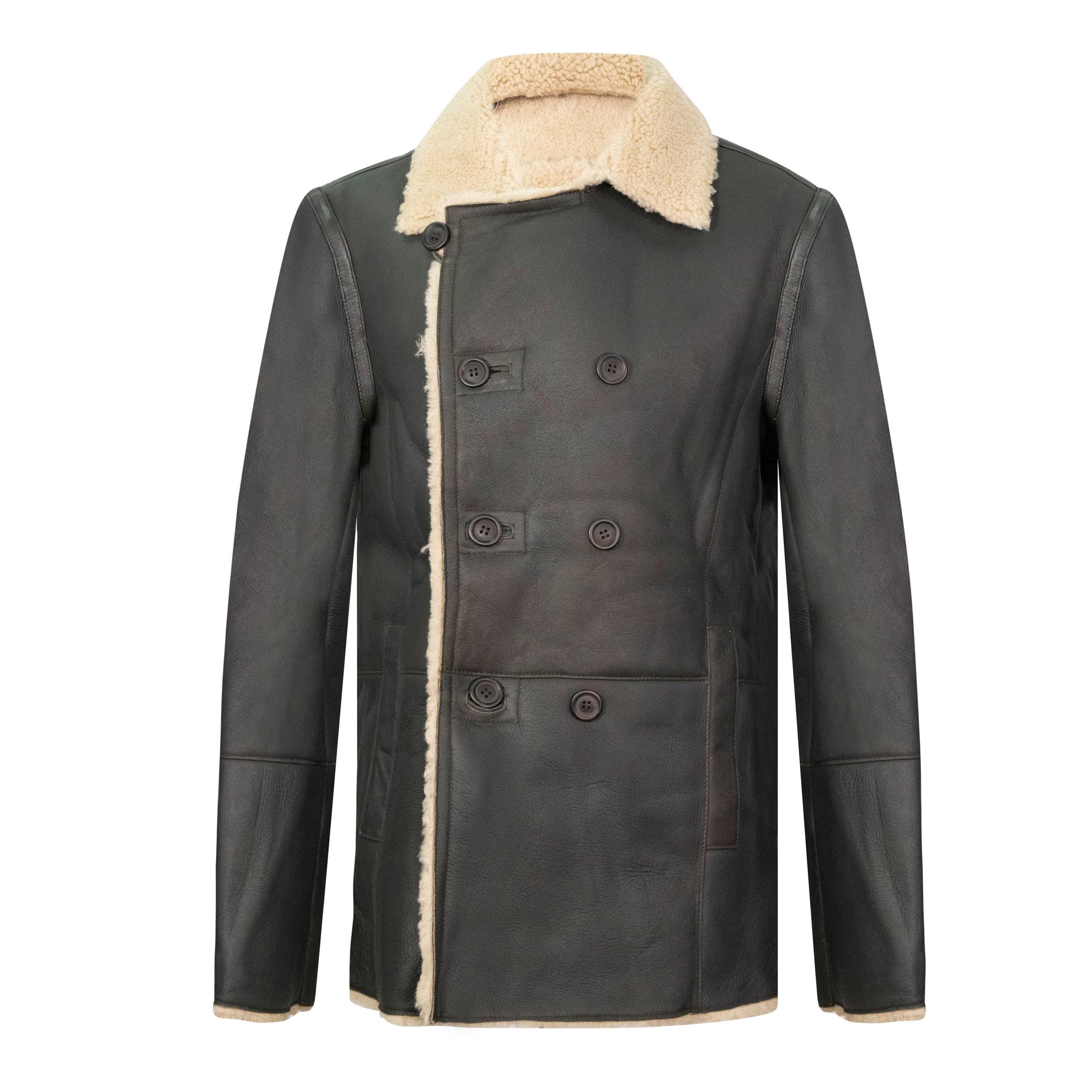 A luxurious sheepskin coat in olive with cream fur. Buttoned double breasted fastening. 3/4 length.
