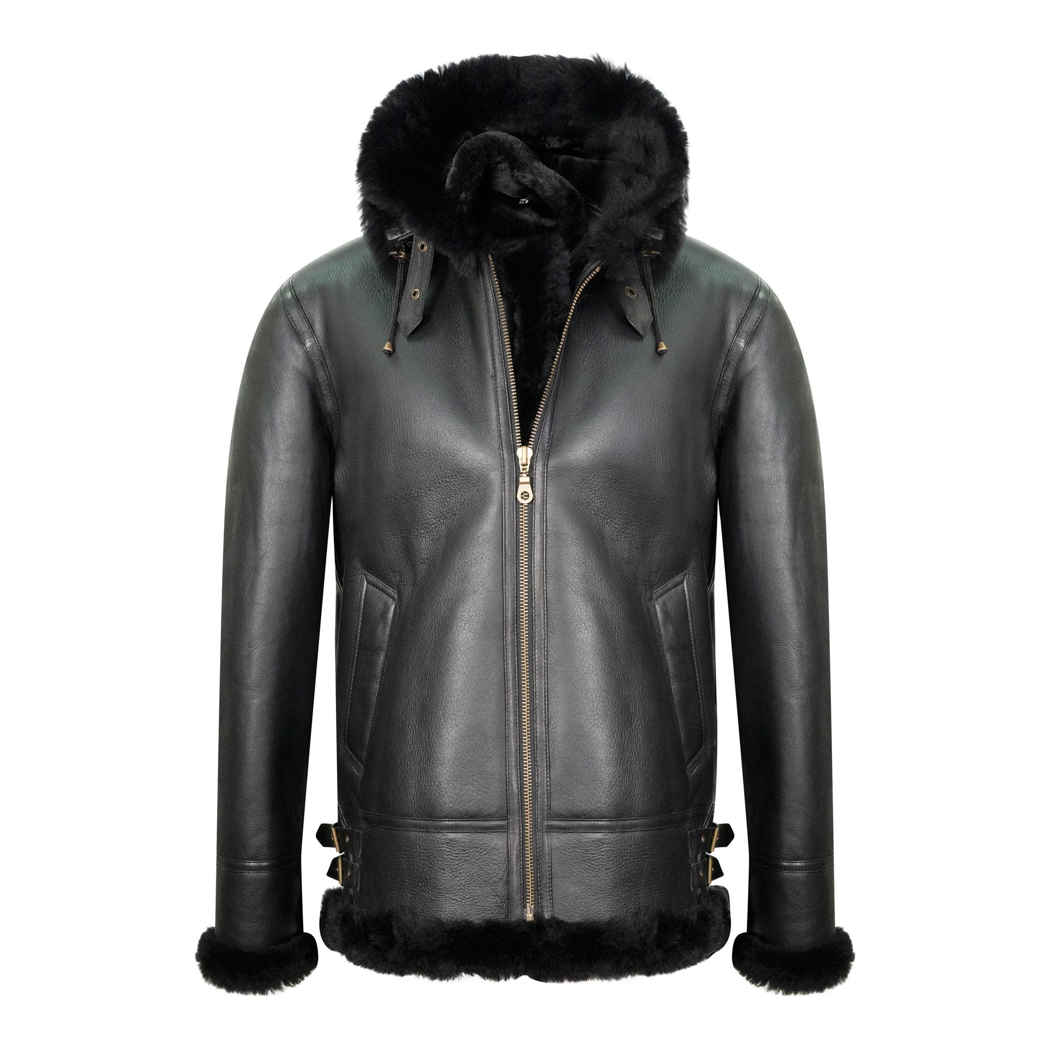 A black mens sheepskin jacket with a hood. The outer leather features a sleek finish, with thick black inner fur.