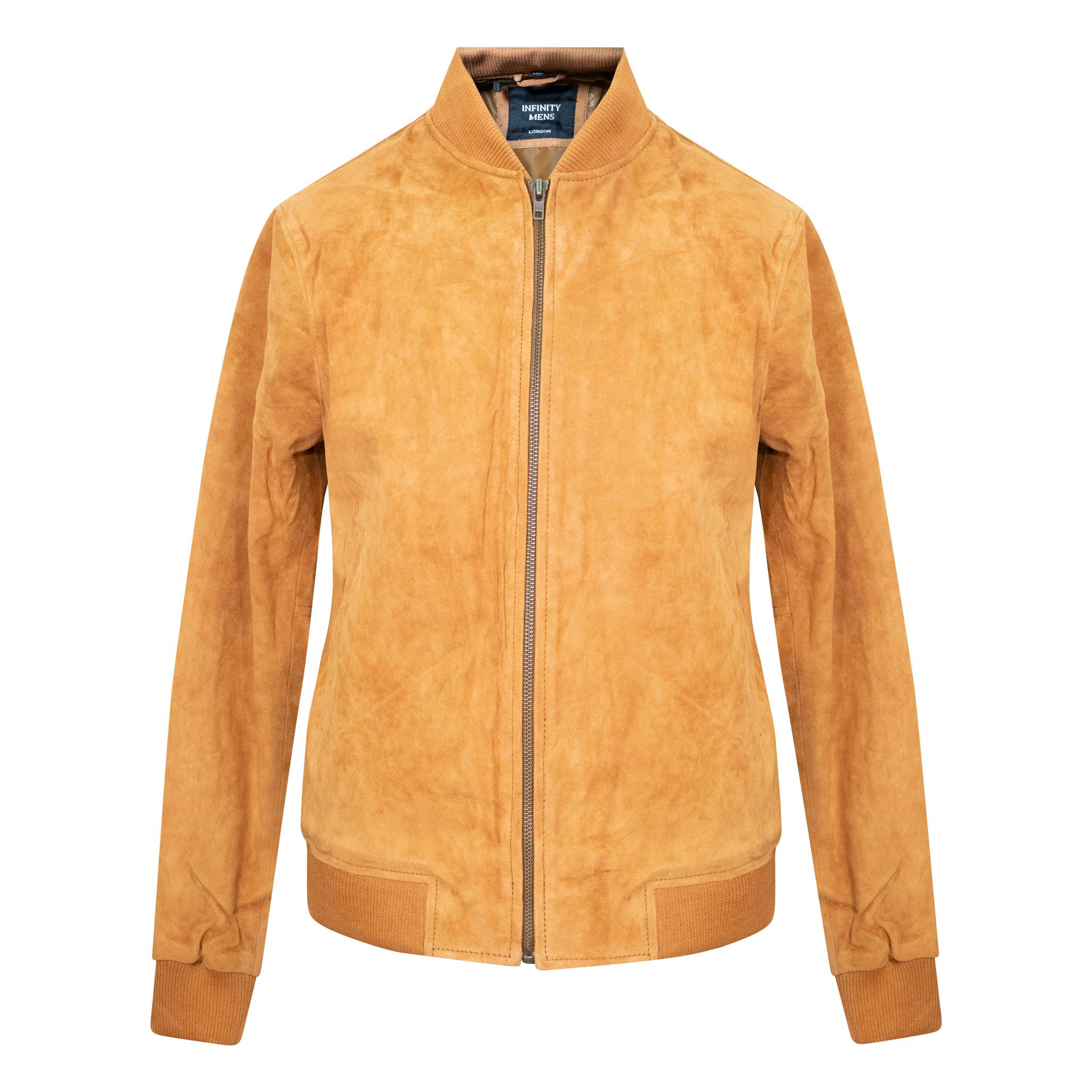 An elegant suede leather jacket in tan. Cuffed sleeved, and hem. Front zip closure.