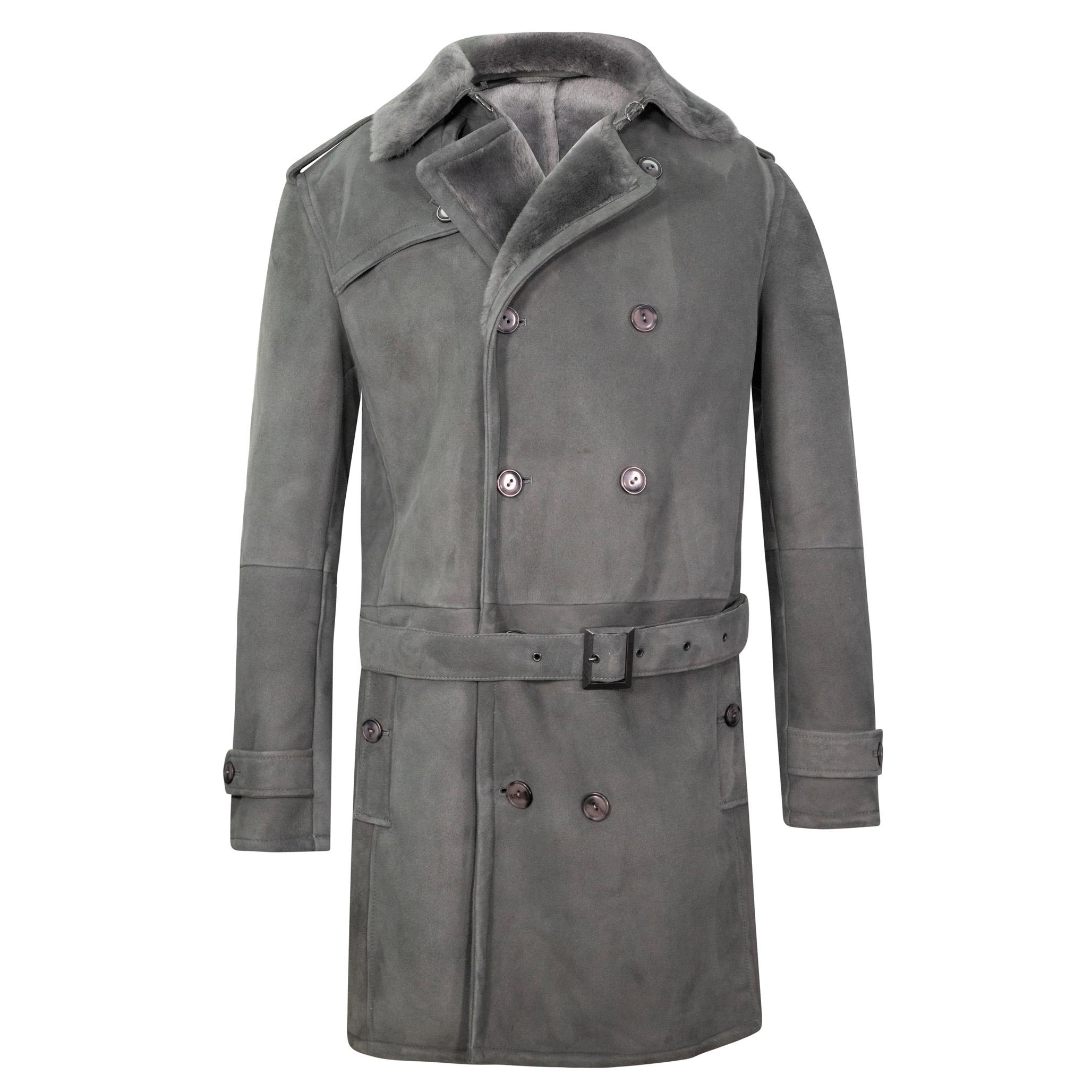 A long, grey, luxury sheepskin coat with a soft suede finish. Both belted and buttoned front fastening