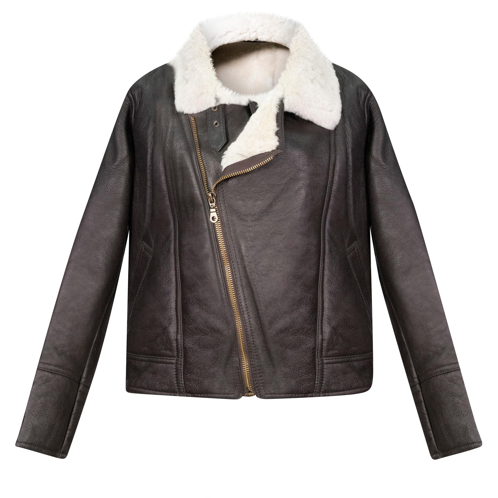 A dark brown sheepskin jacket with a trendy asymmetrical front zip fastening. Short in length, with thick cream inner fur.