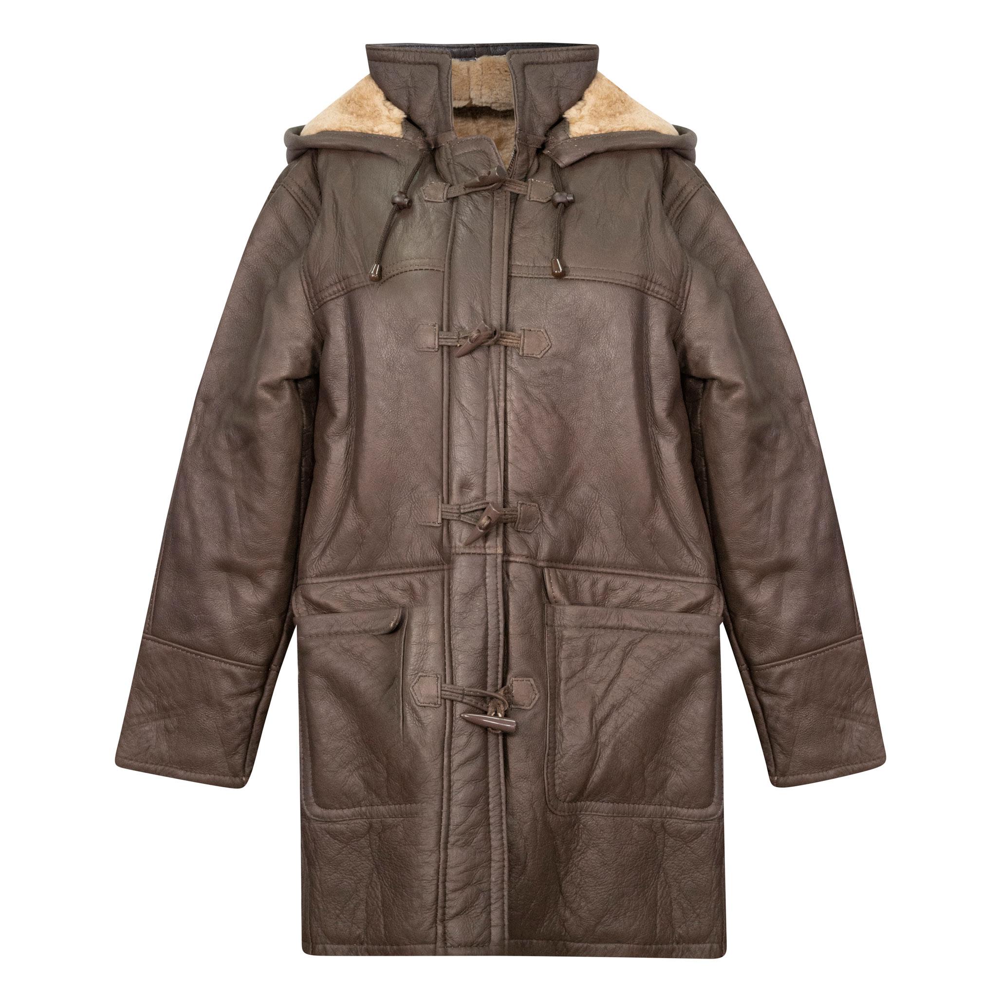 A 3/4 length womens leather and sheepskin duffle coat in brown. Zipped and toggle front fastening, with a comfortable fit. A generous sized hood. Outer