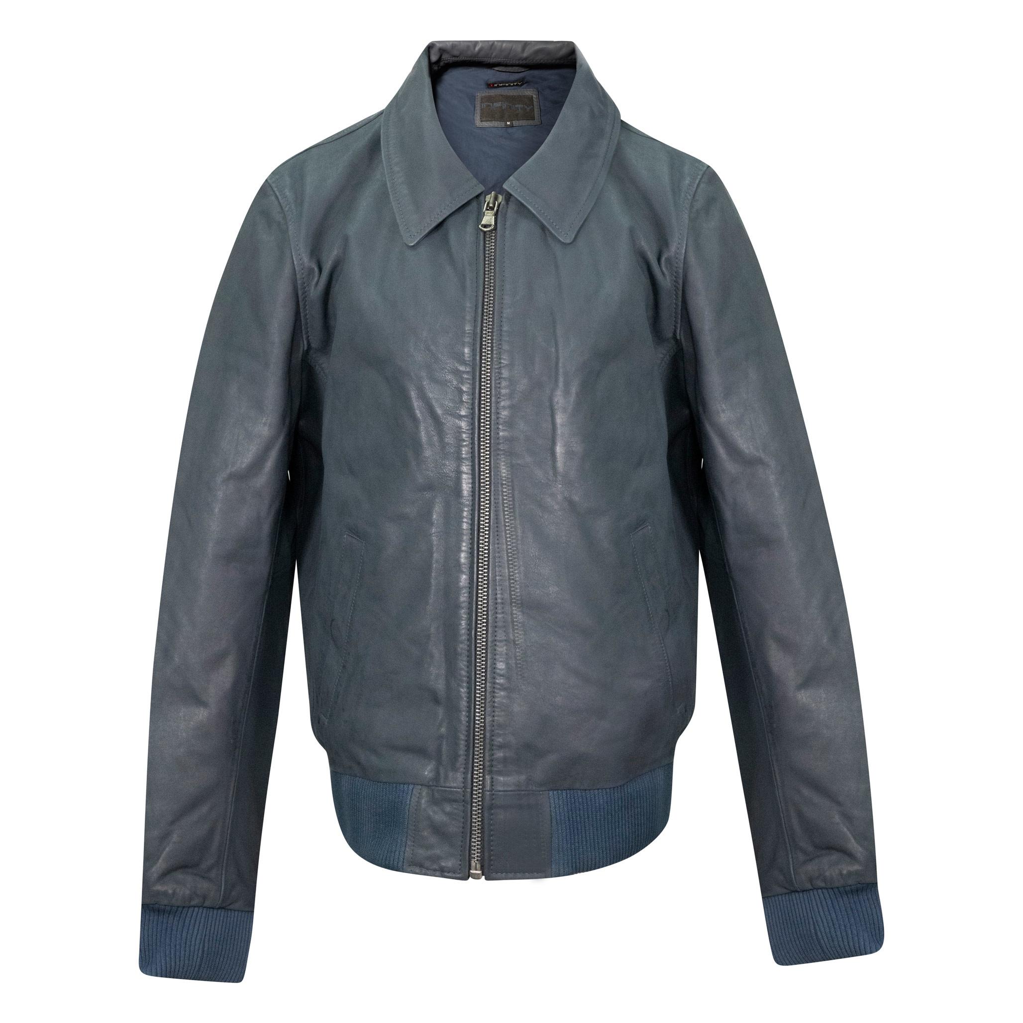 A short mens leather jacket in navy blue, with a ribbed hem, and cuff.
