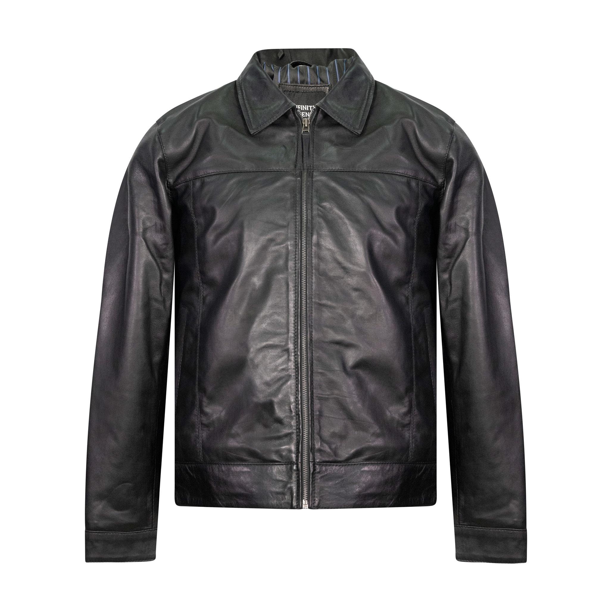 A beautiful black leather jacket, without any external zips. Short length.