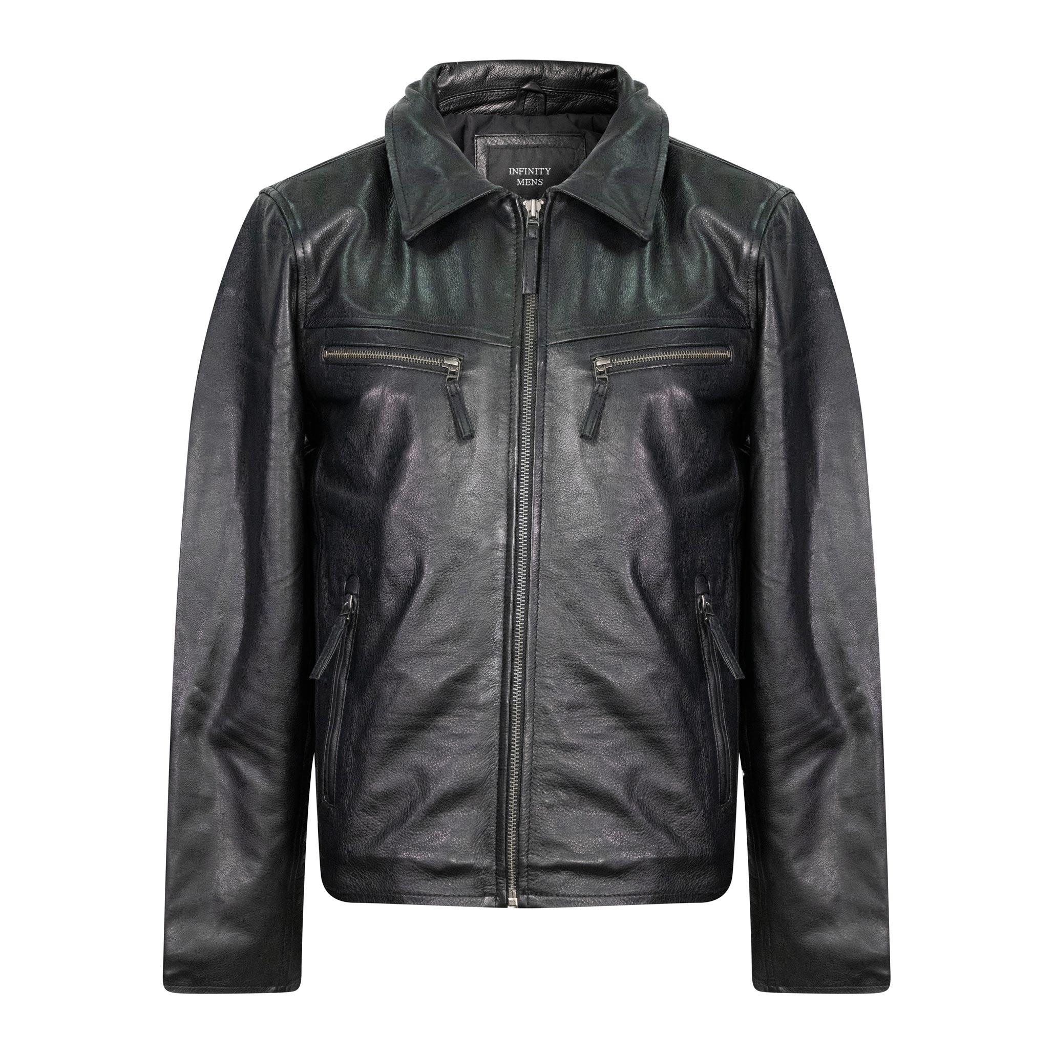 A classic looking black leather jacket, with zipped side pockets, and chest pockets.