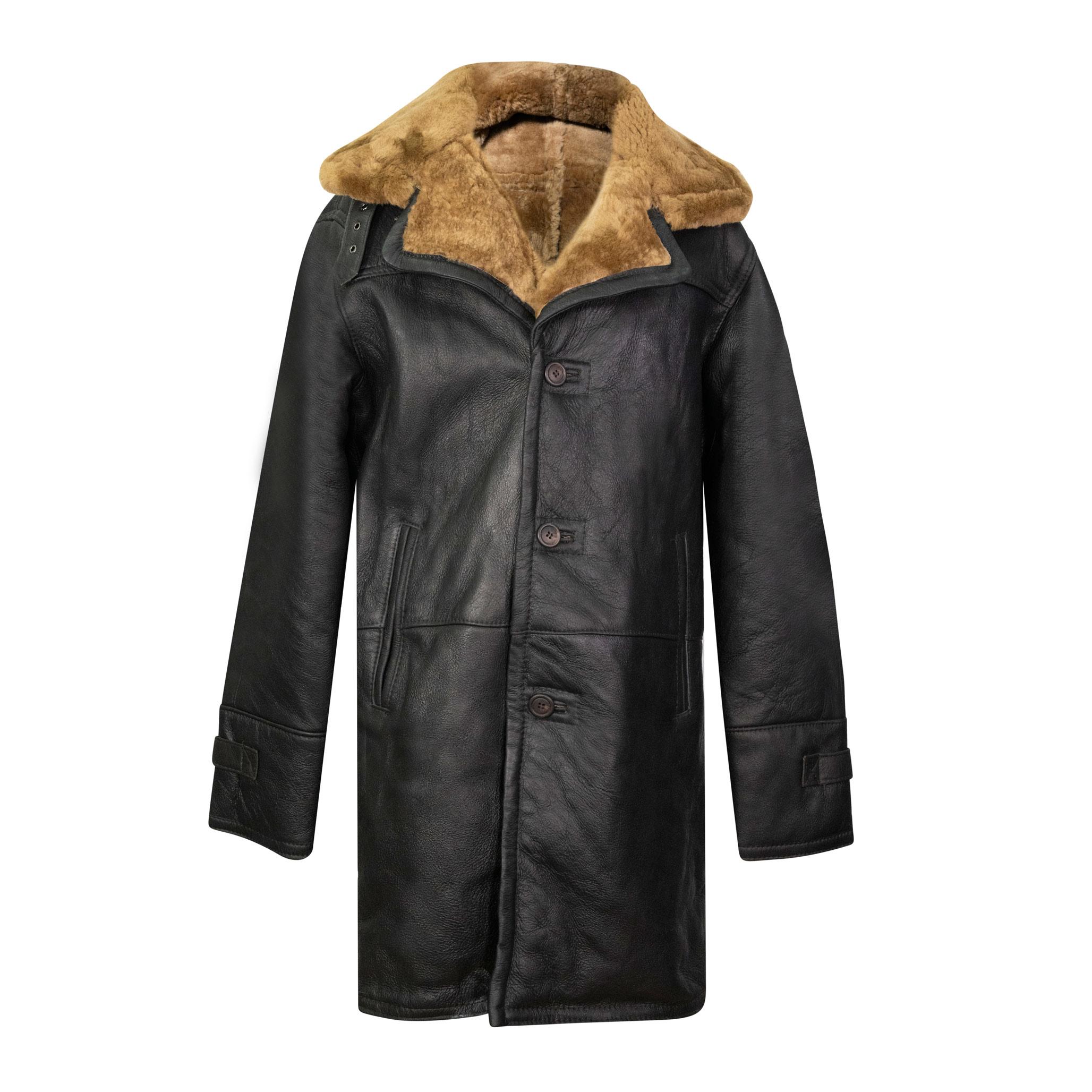 A long, dark brown, luxury sheepskin coat with inner ginger fur, with front buttoned fastening.