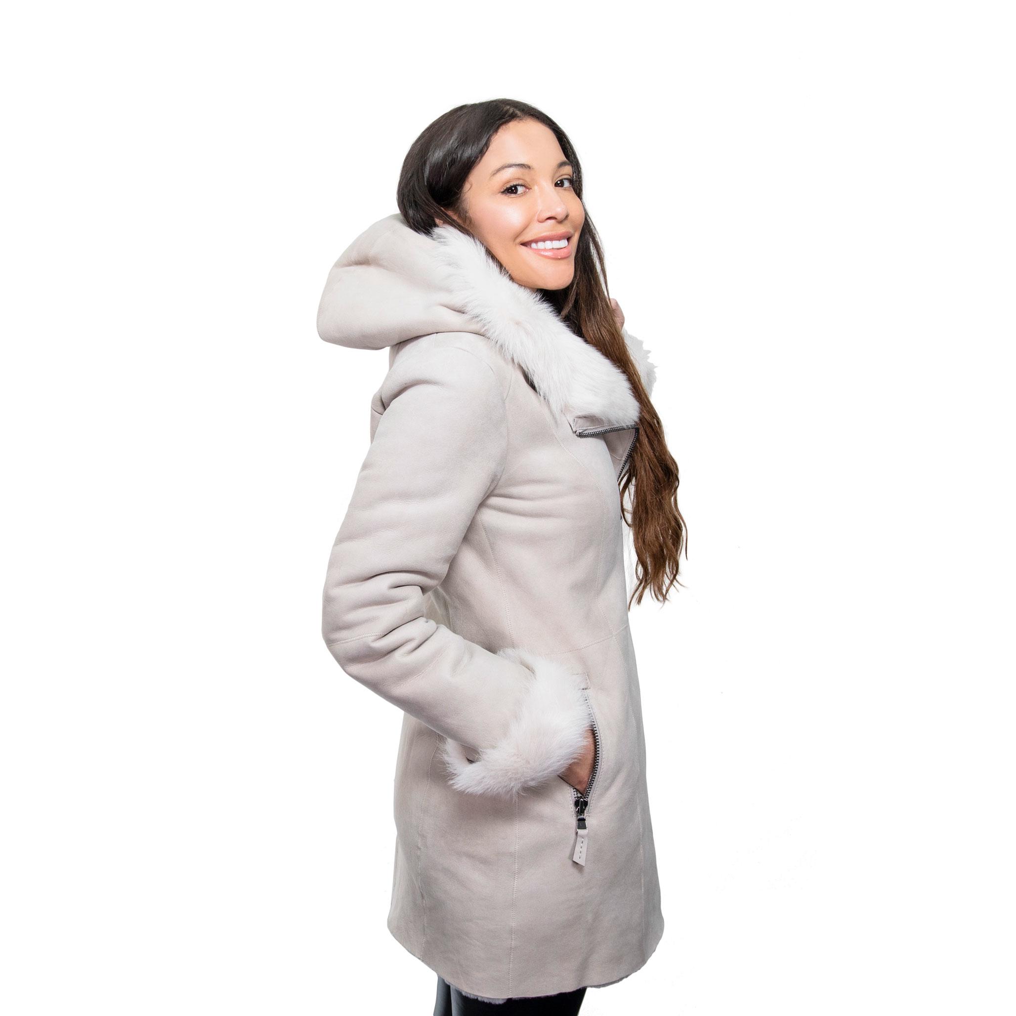 Model at Riverdale Sheepskin wearing a Hooded sheepskin Toscana coat