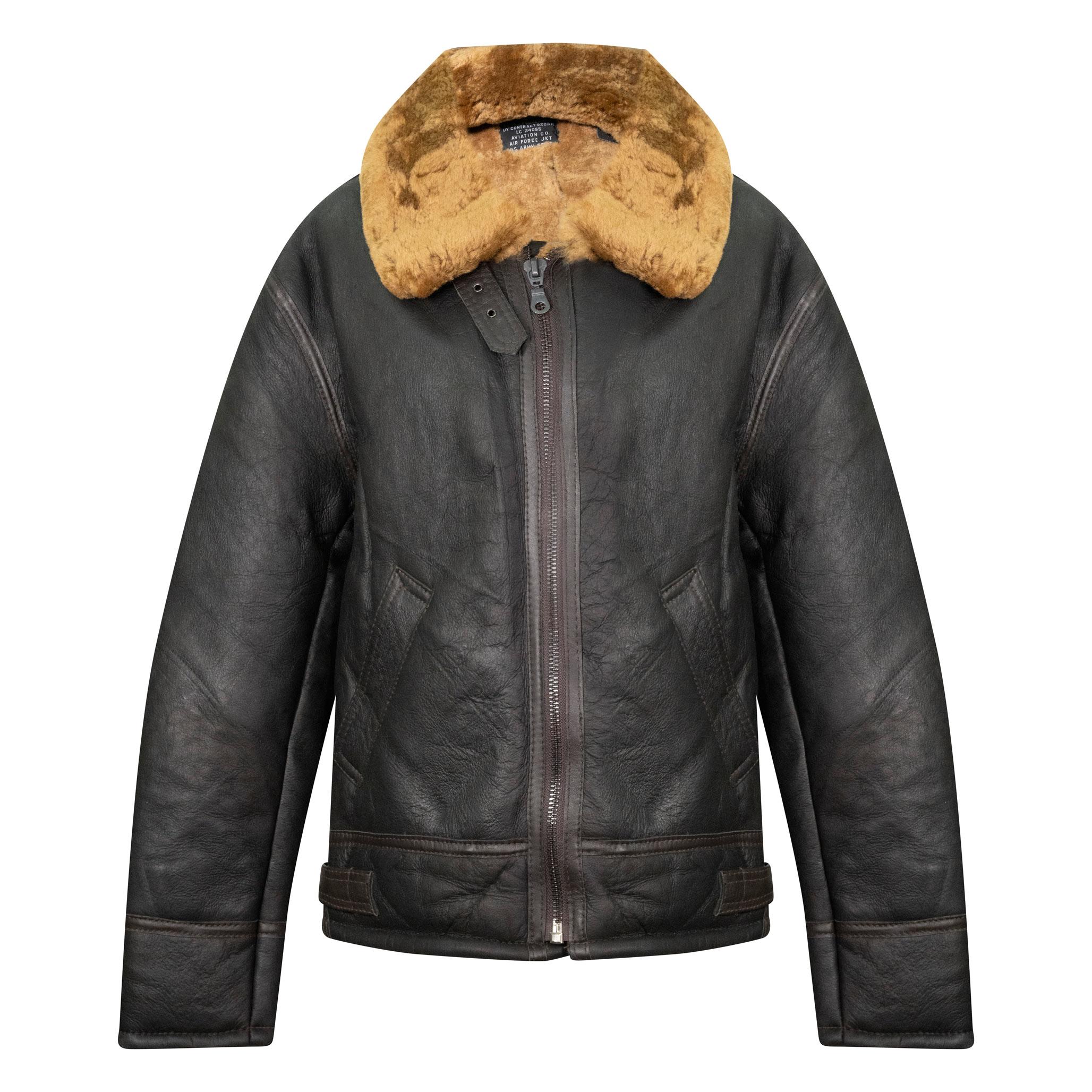 A thick sheepskin jacket in brown with ginger interior fur. Waist length